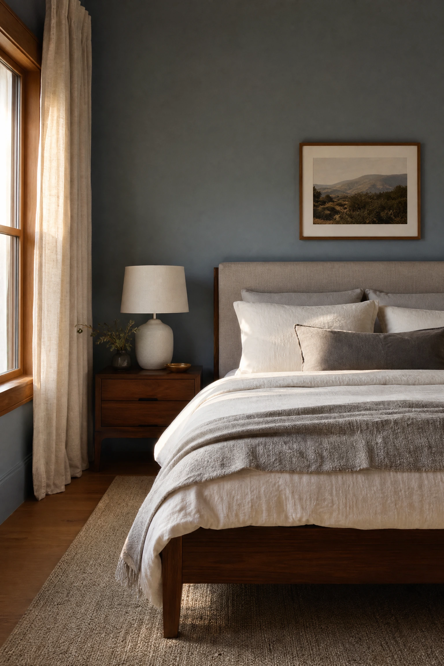 dusty blue walls with warm walnut bed frame in a bedroom