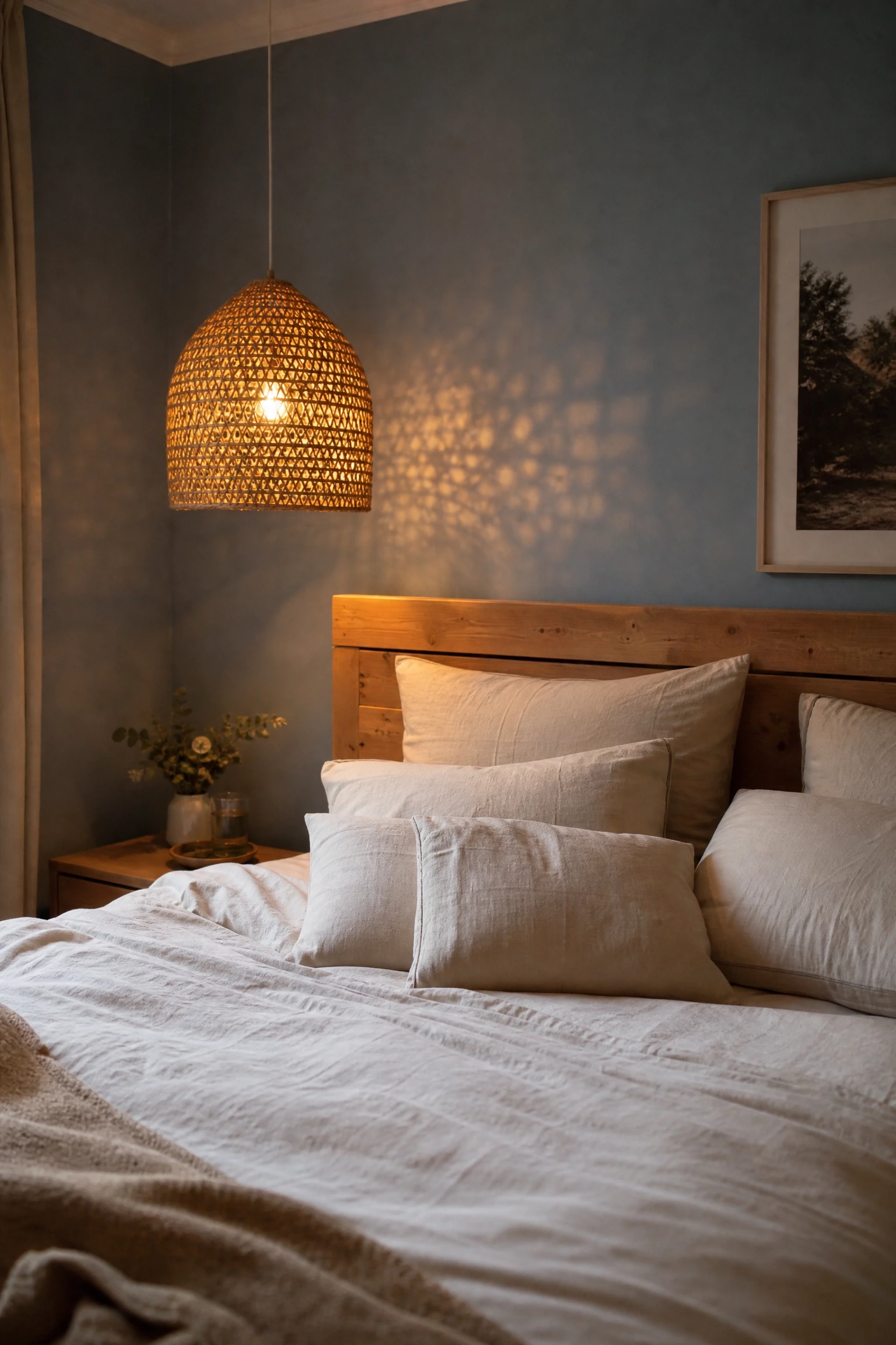 dusty blue with rattan lampshades and a wooden headboard in a bedroom
