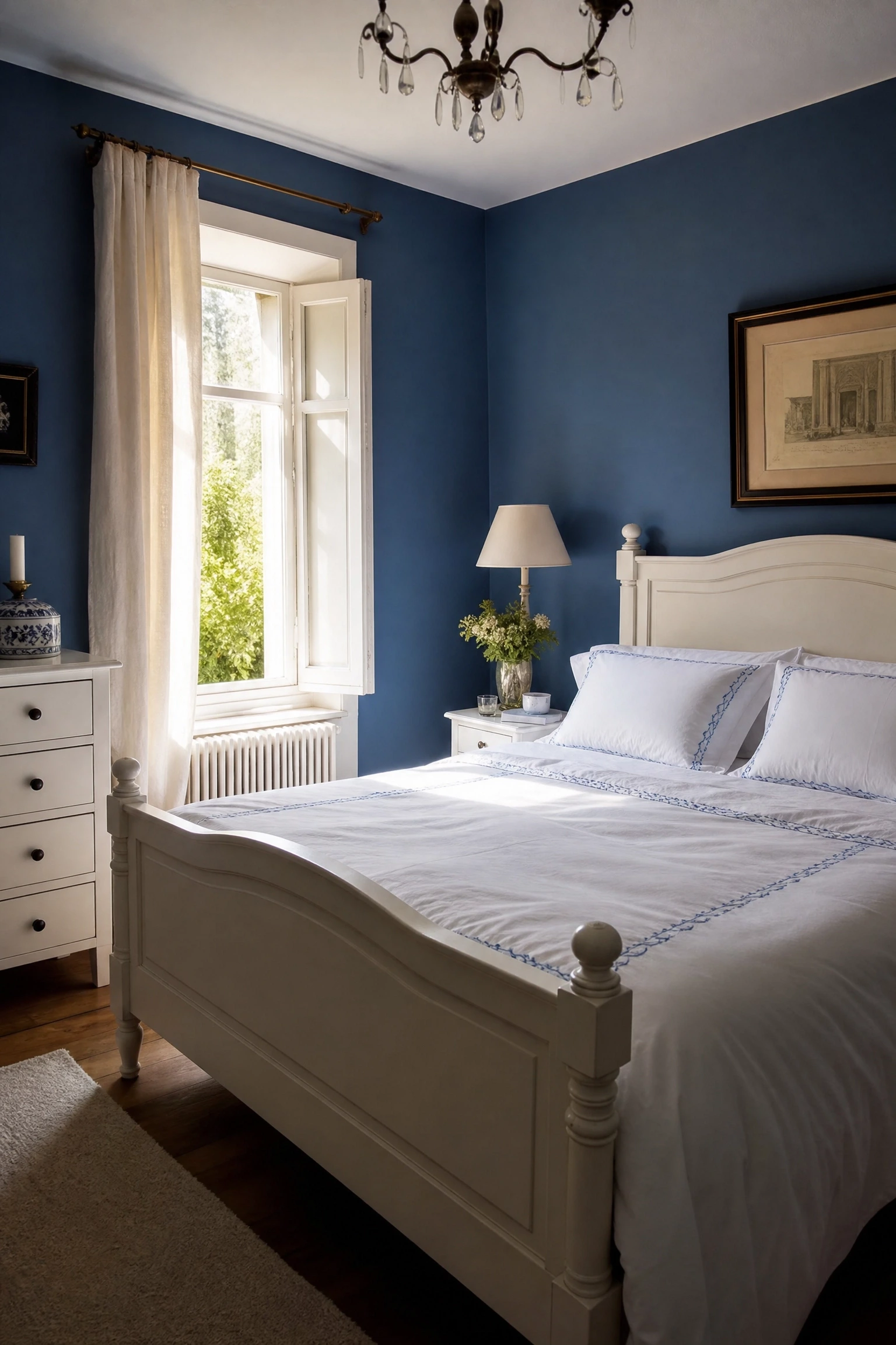 french blue walls with painted white wood furniture in a bedroom