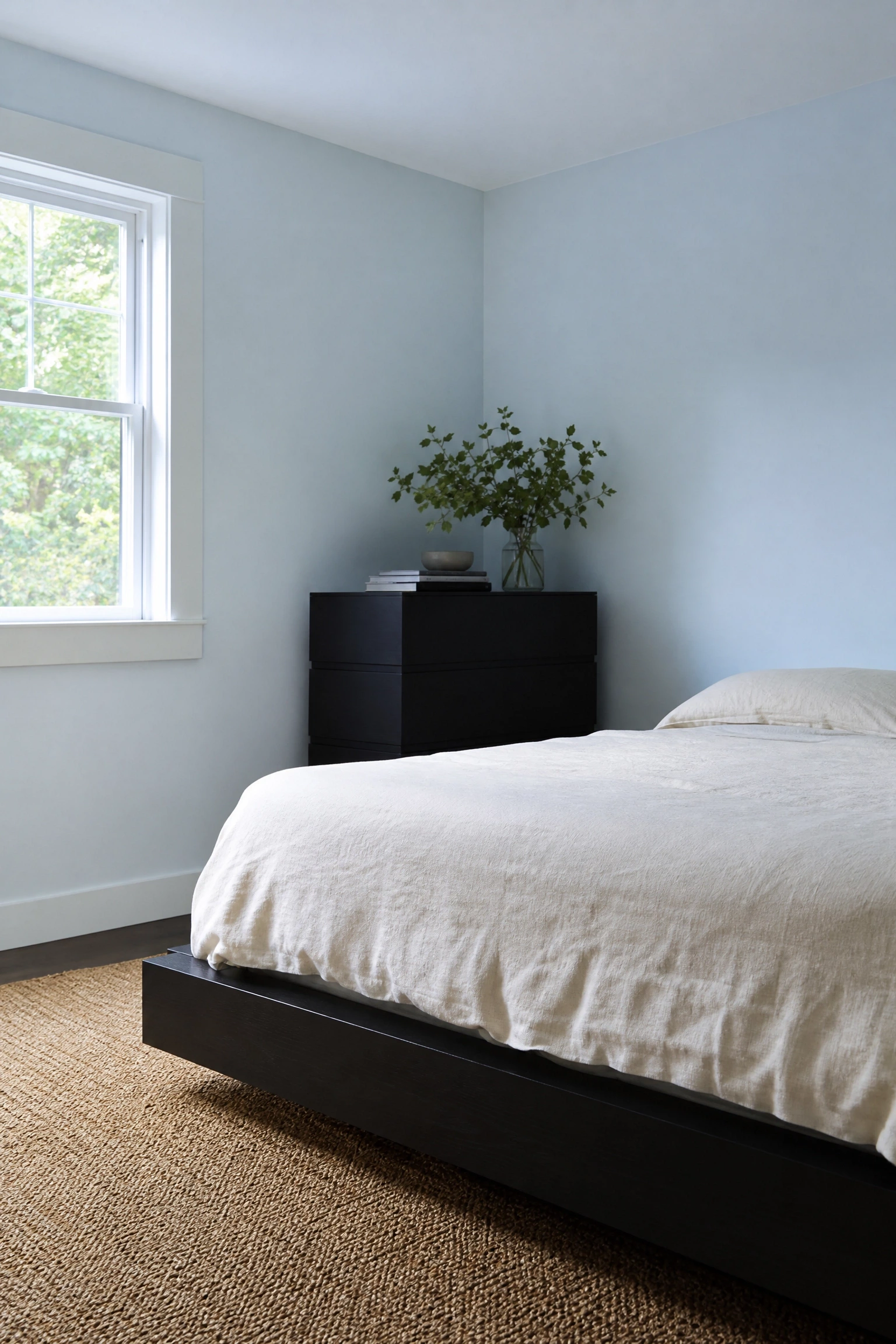 ice blue walls with ebonized or very dark wood in a bedroom