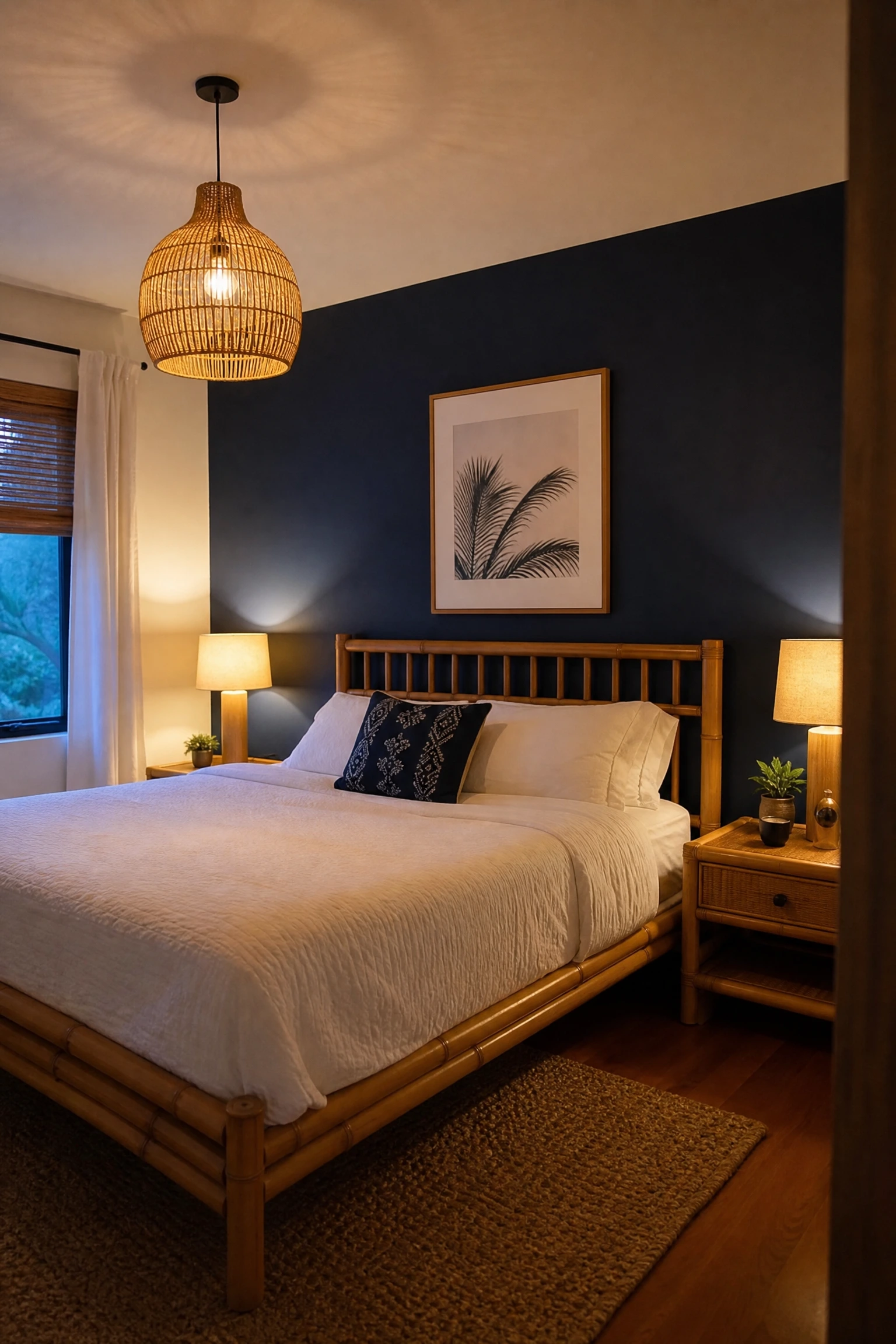 inky blue accent wall with warm bamboo furniture in a bedroom