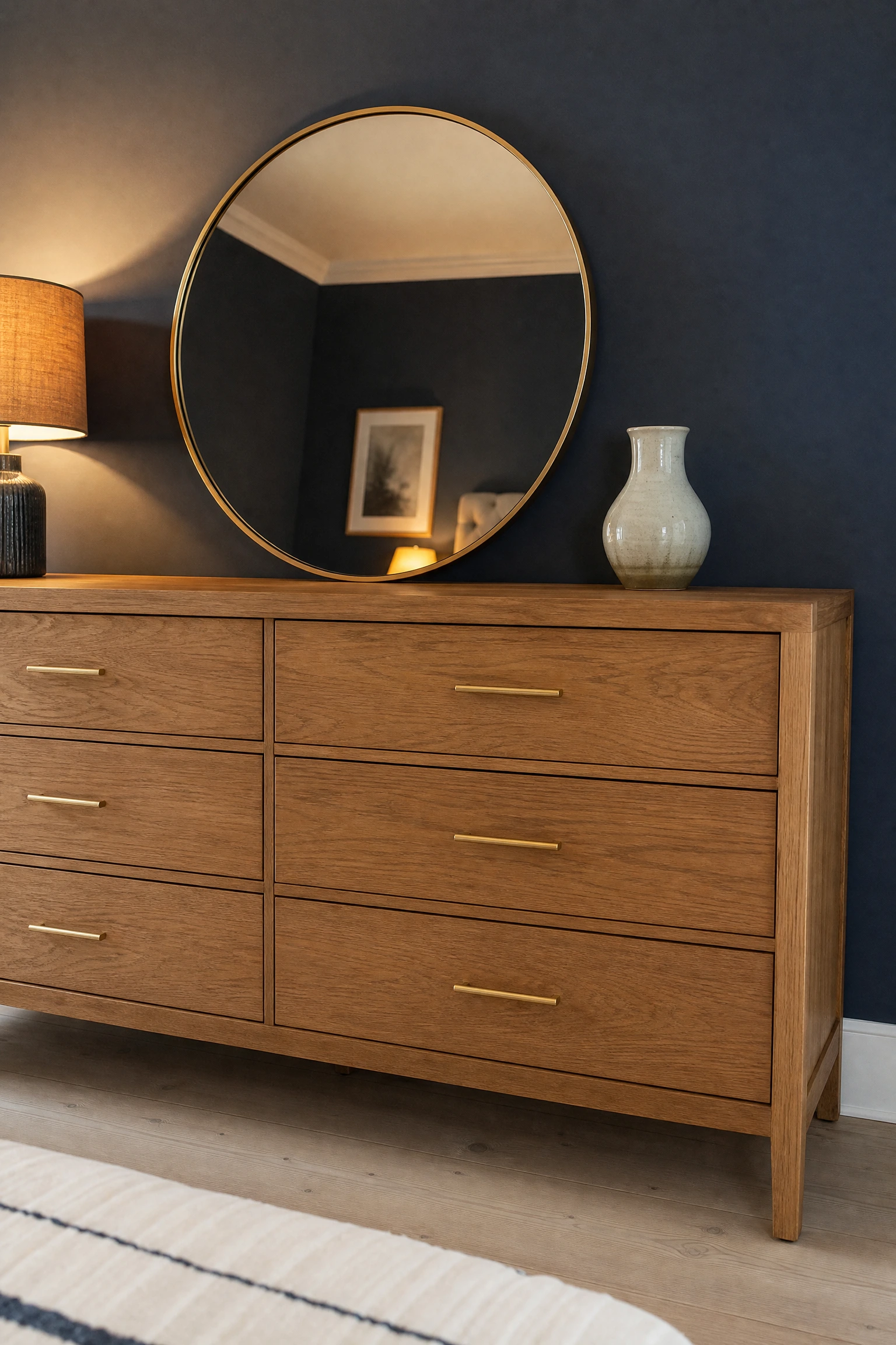 navy blue and brass hardware on oak furniture in a bedroom