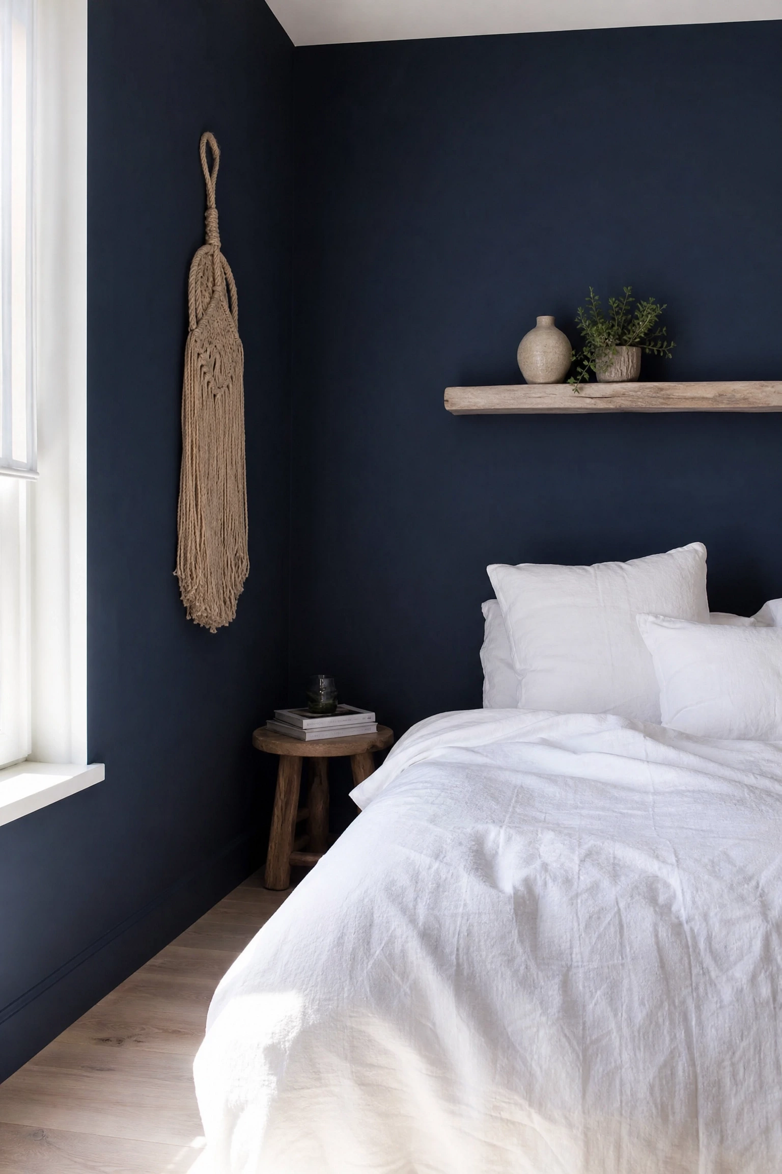 navy blue and natural rope or macrame accents with driftwood in a bedroom