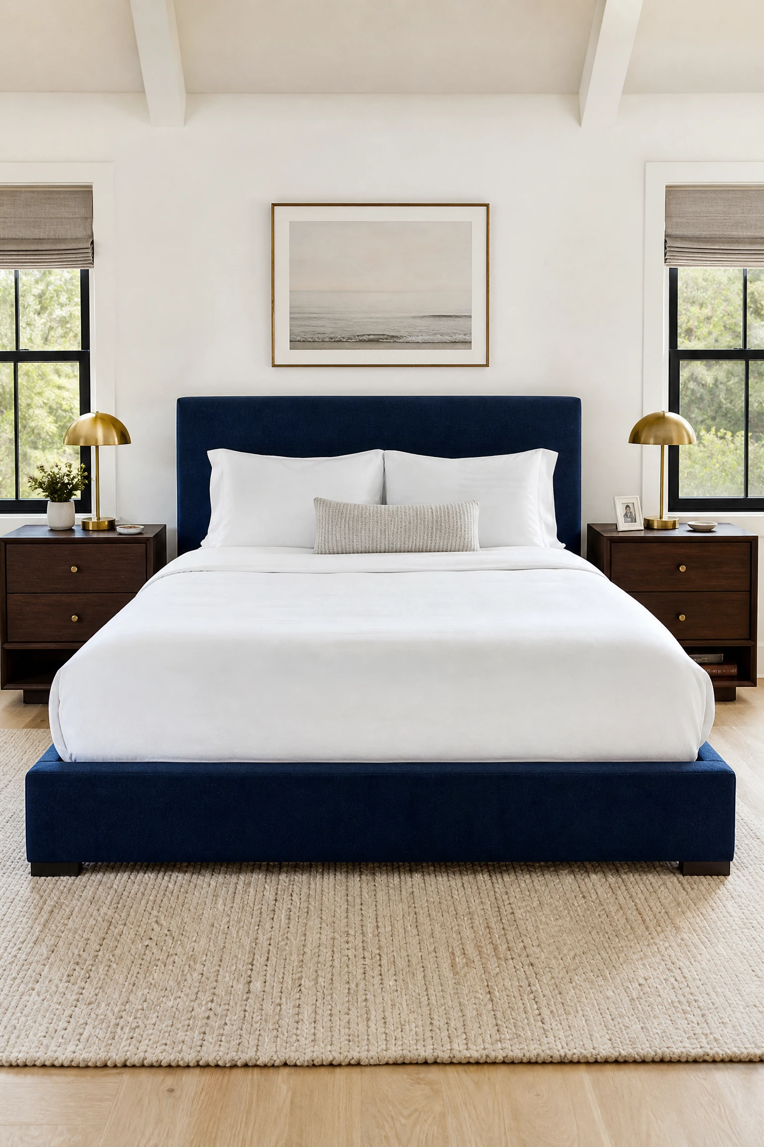 navy blue bed frame against a white wall with dark walnut nightstands in a bedroom