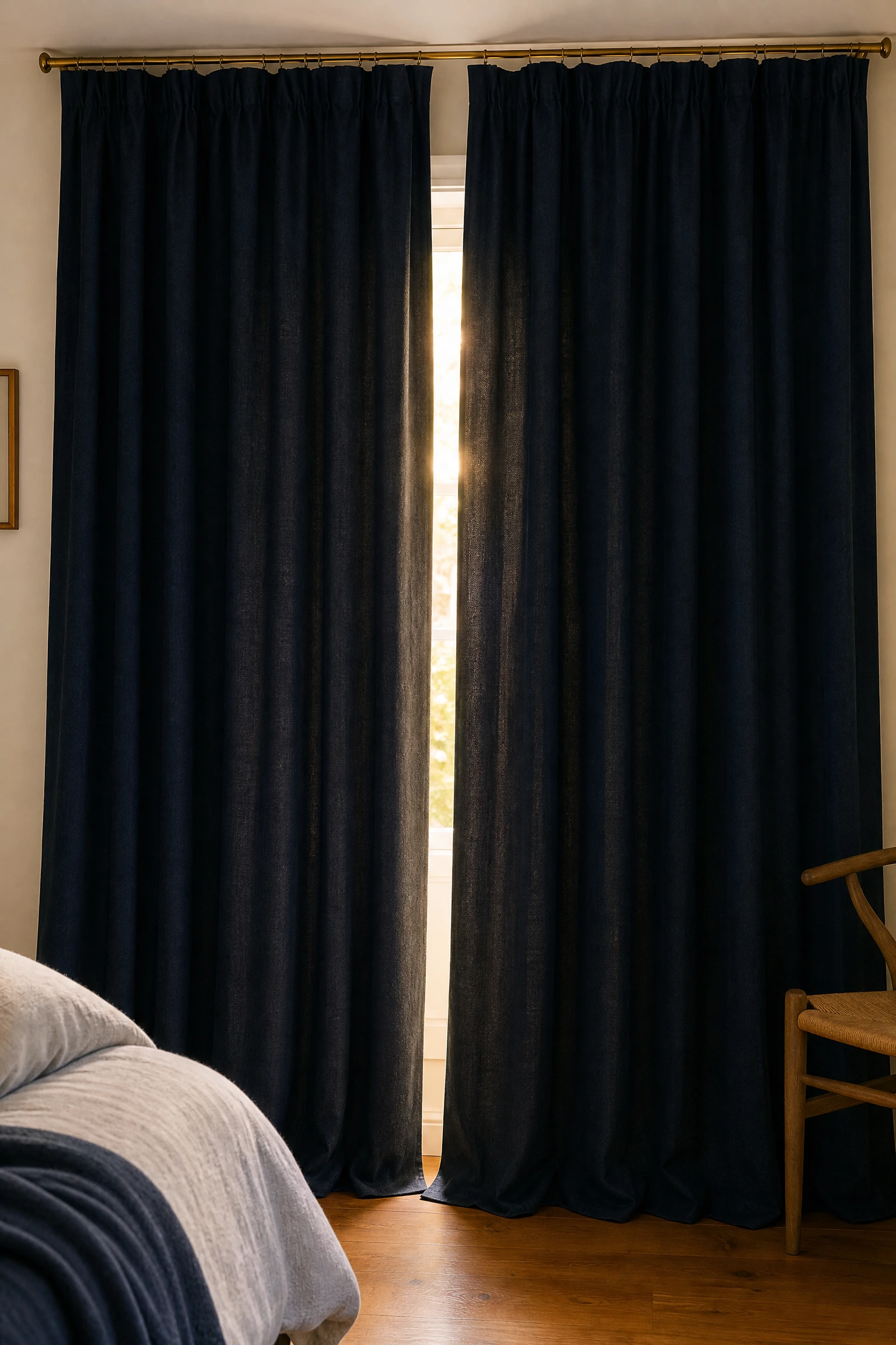 navy blue curtains against warm oak floors in a bedroom