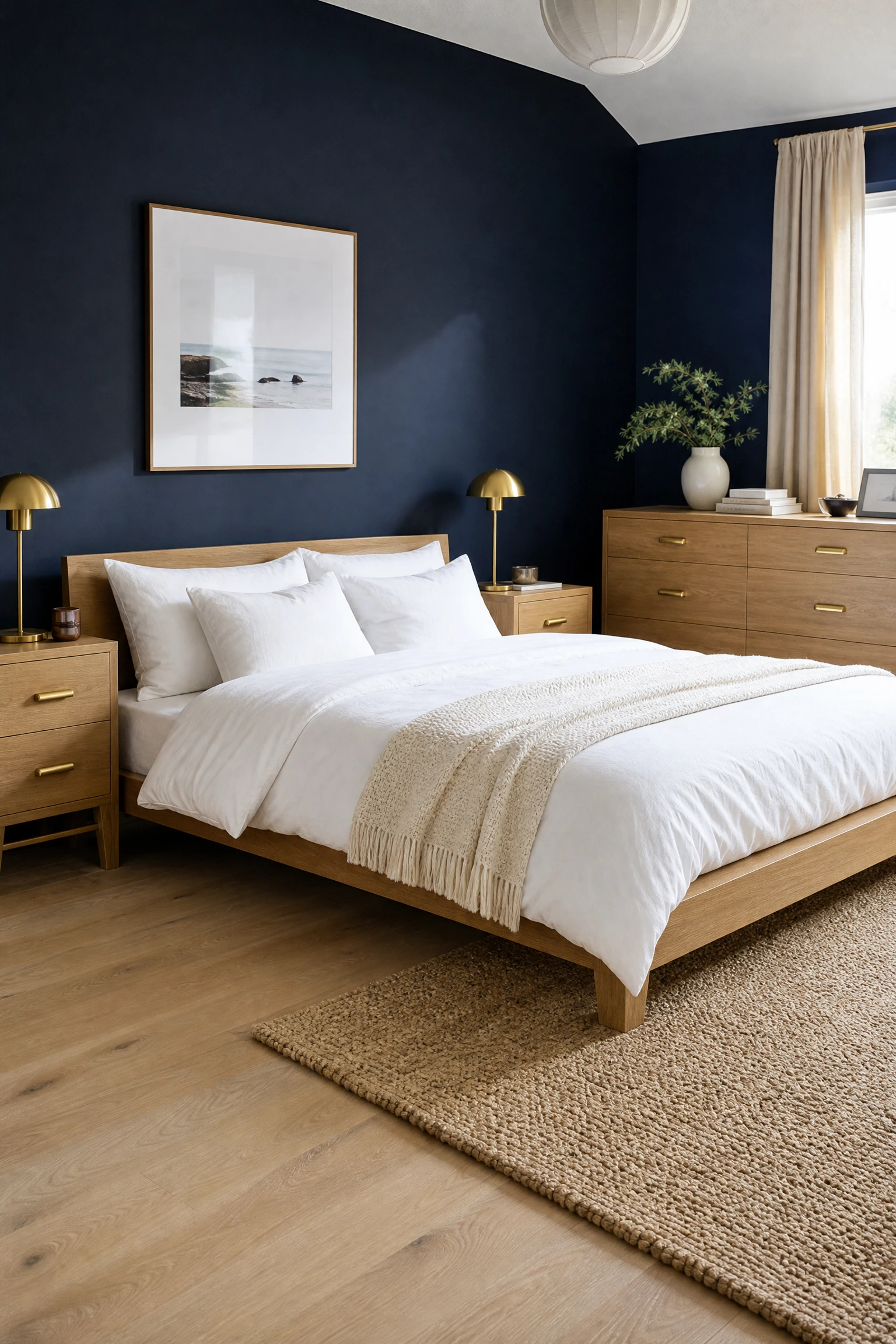 navy blue walls with light oak furniture in a bedroom