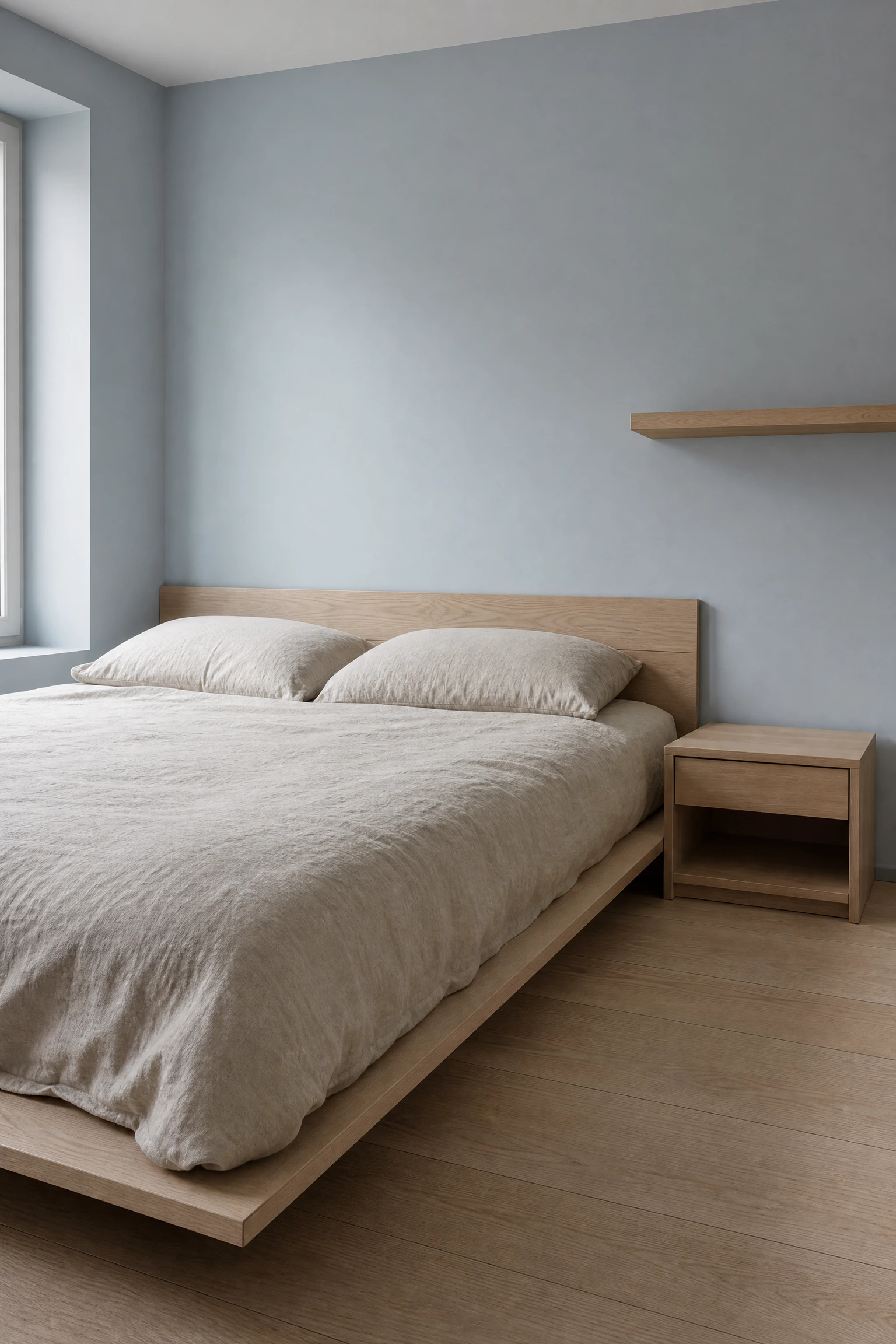 pale blue and ash wood for a scandinavian calm in a bedroom