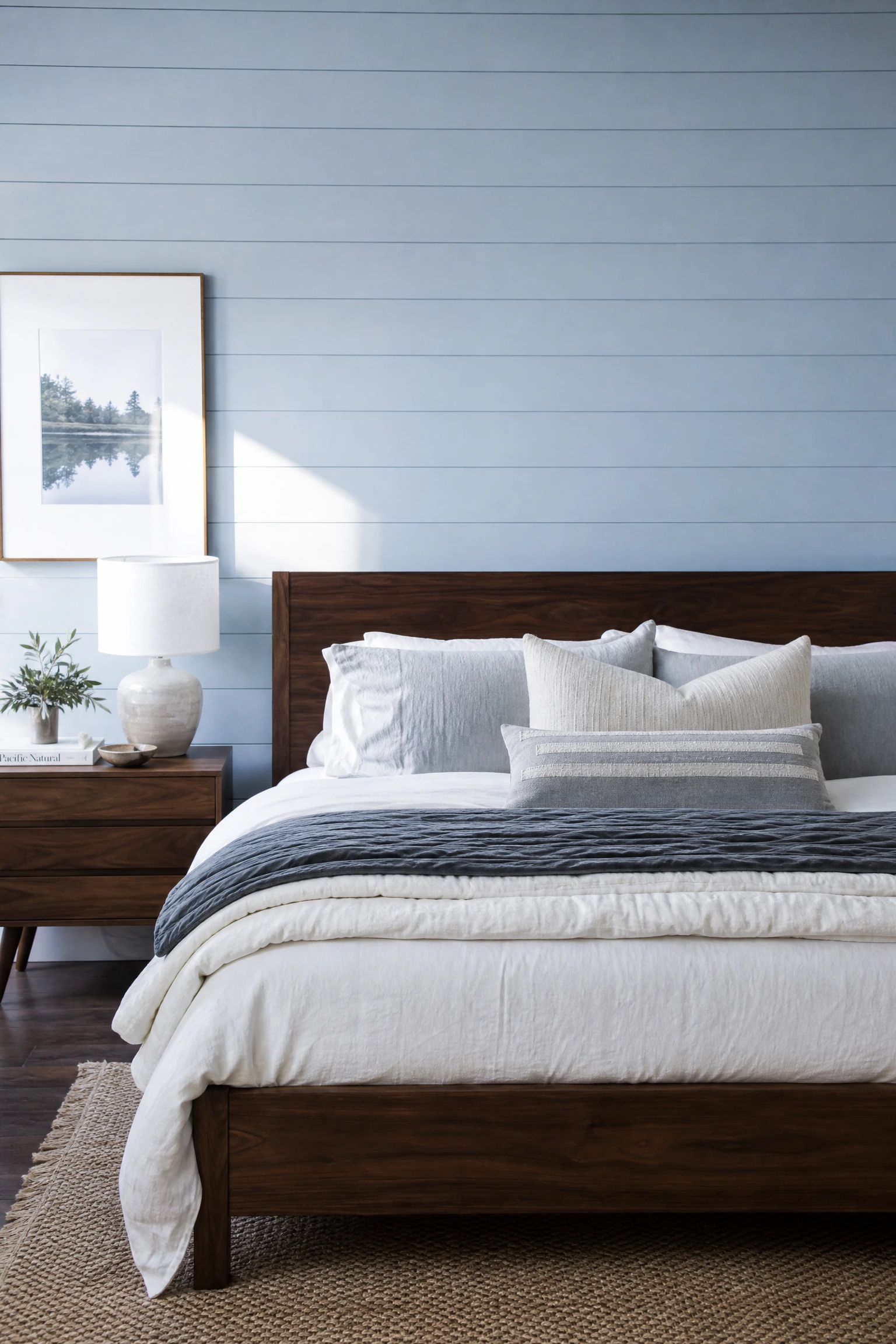 pale blue shiplap wall behind a dark walnut bed in a bedroom