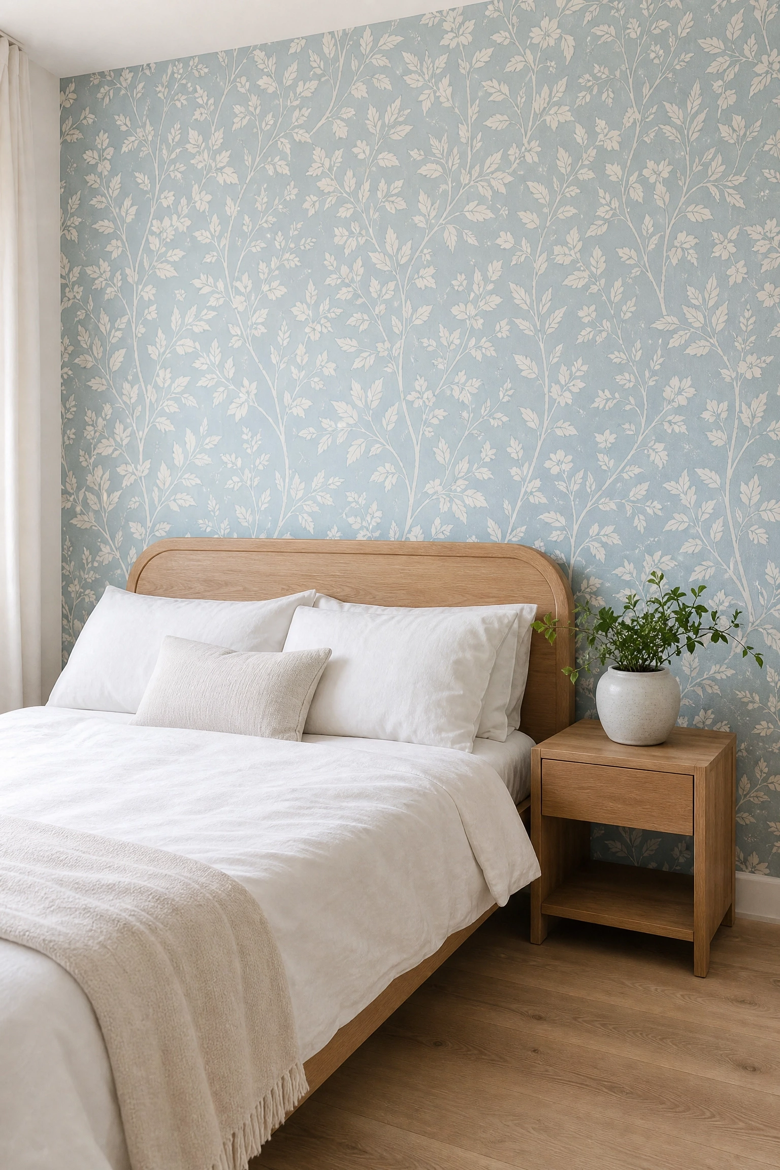 pale blue wallpaper with botanical print and a wood-framed bed in a bedroom