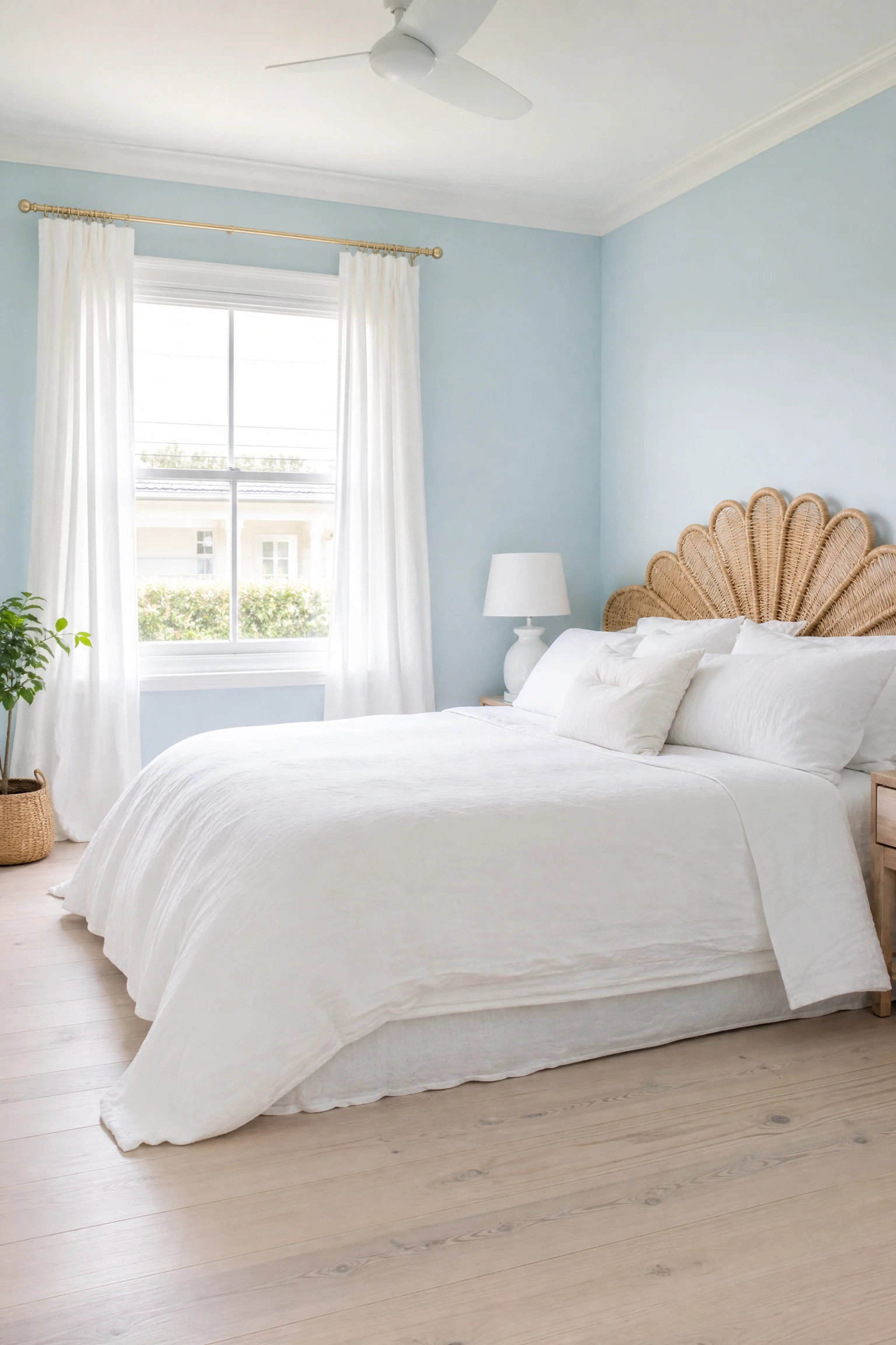 powder blue walls with bleached or whitewashed wood floors in a bedroom