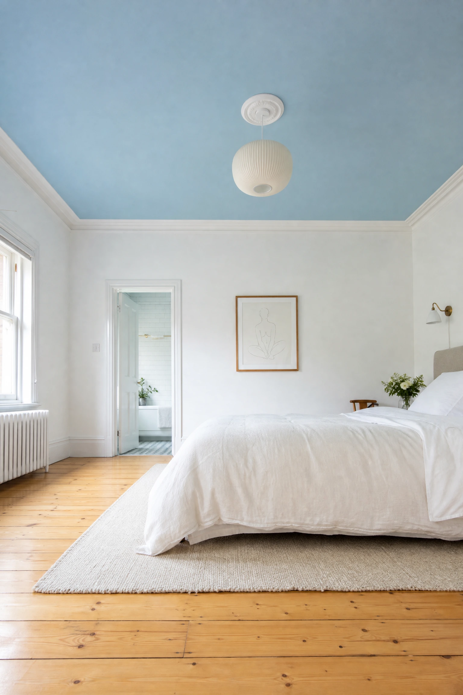 soft sky blue ceiling with natural pine floors in a bedroom