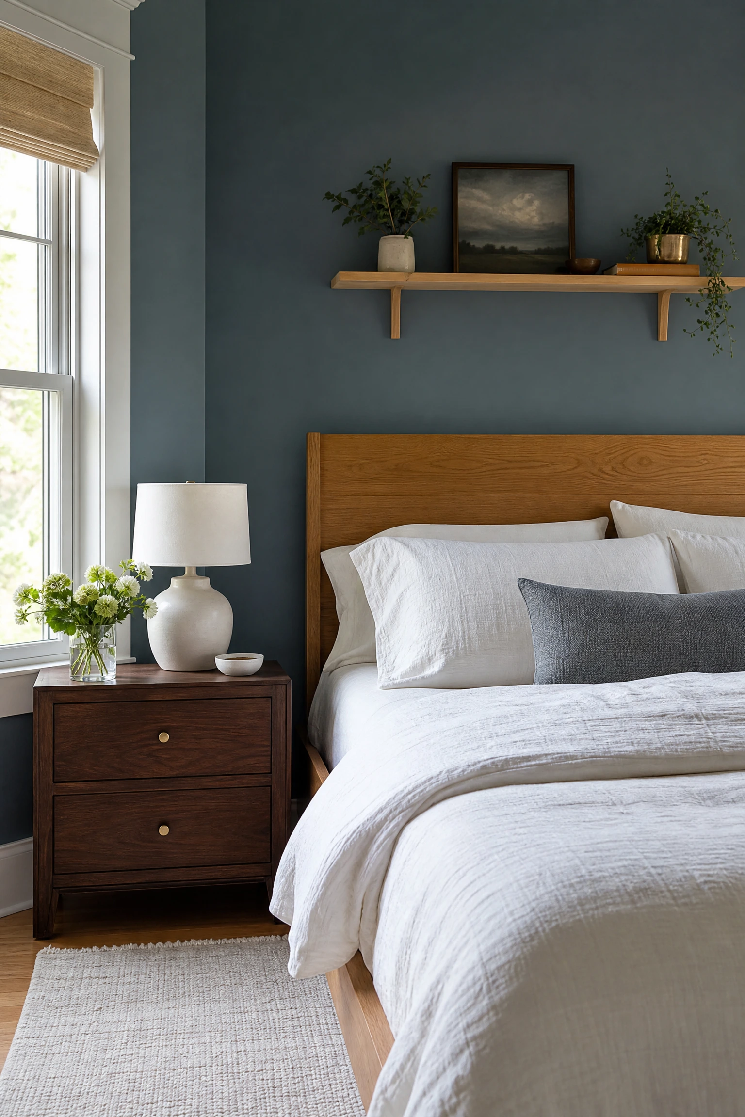 steel blue with a mixed wood tone approach in a bedroom
