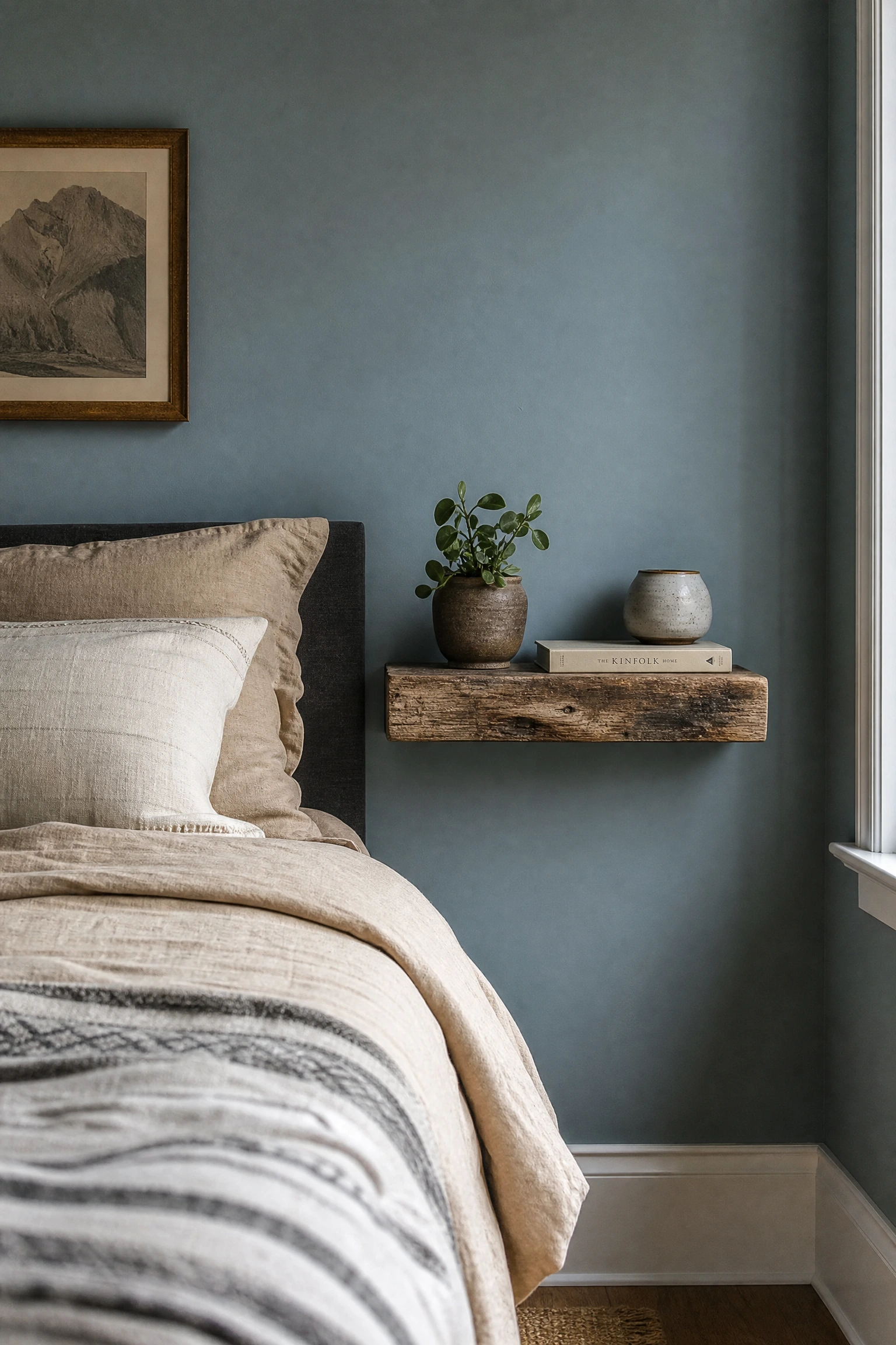 teal-leaning blue walls with reclaimed wood shelving in a bedroom