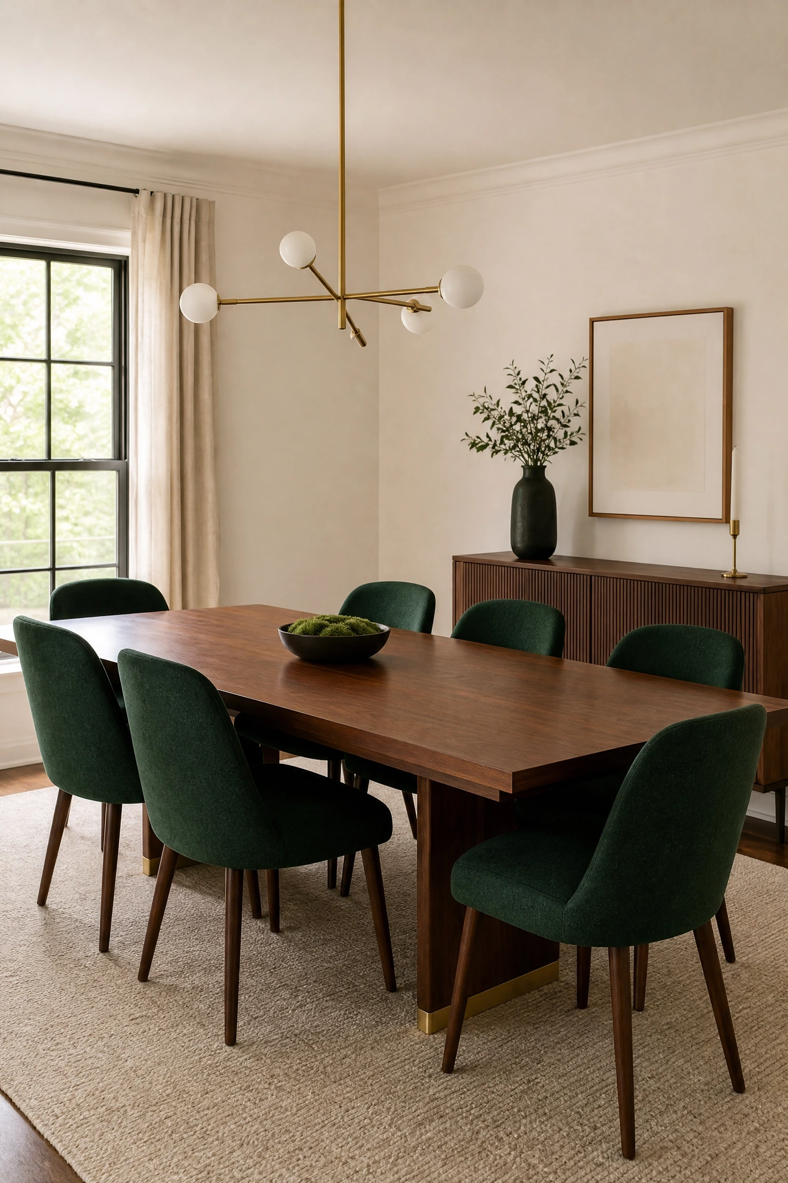 a two-tone dining table and chair color pairing in a dining room