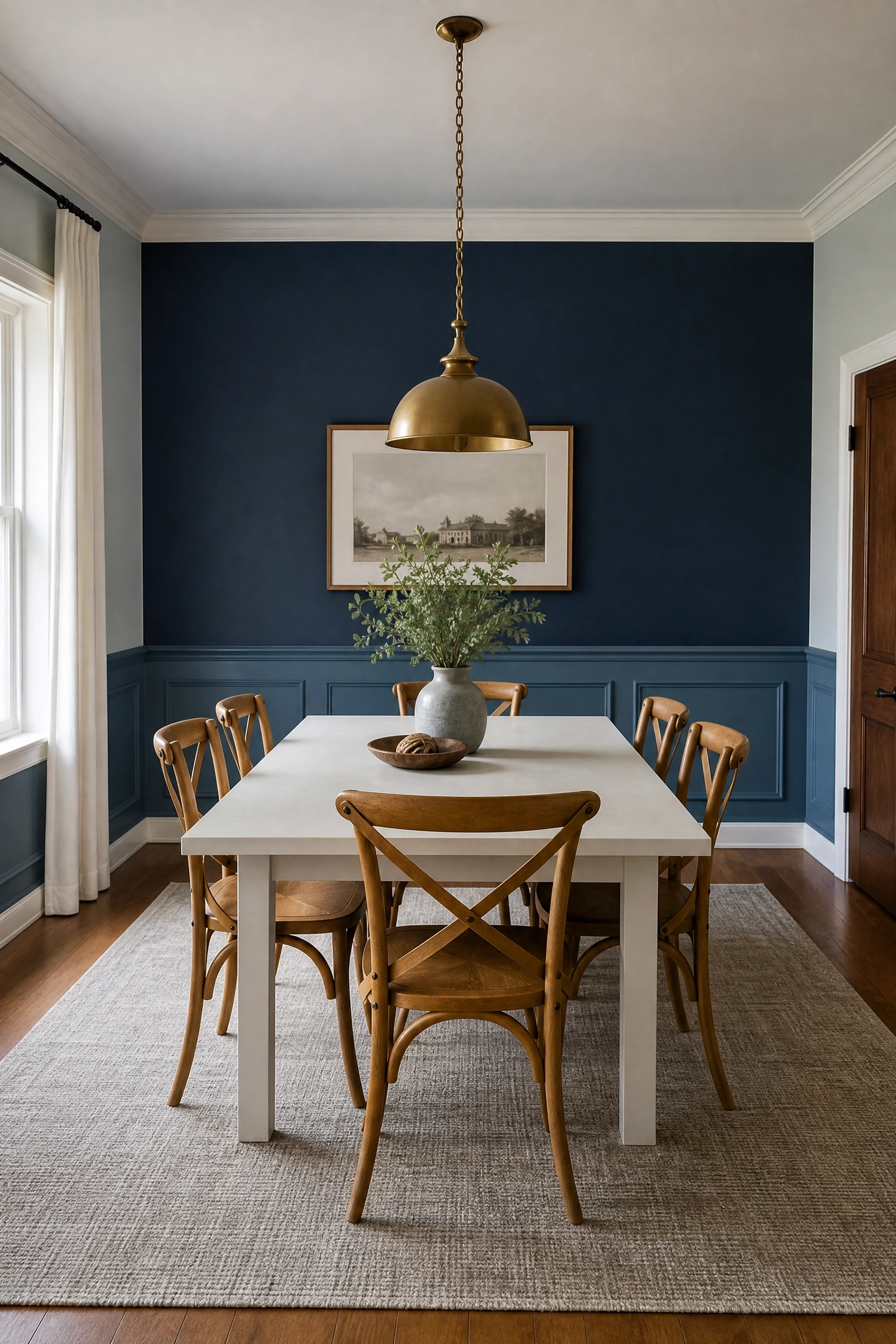 color-blocked dining room with a bold accent wall