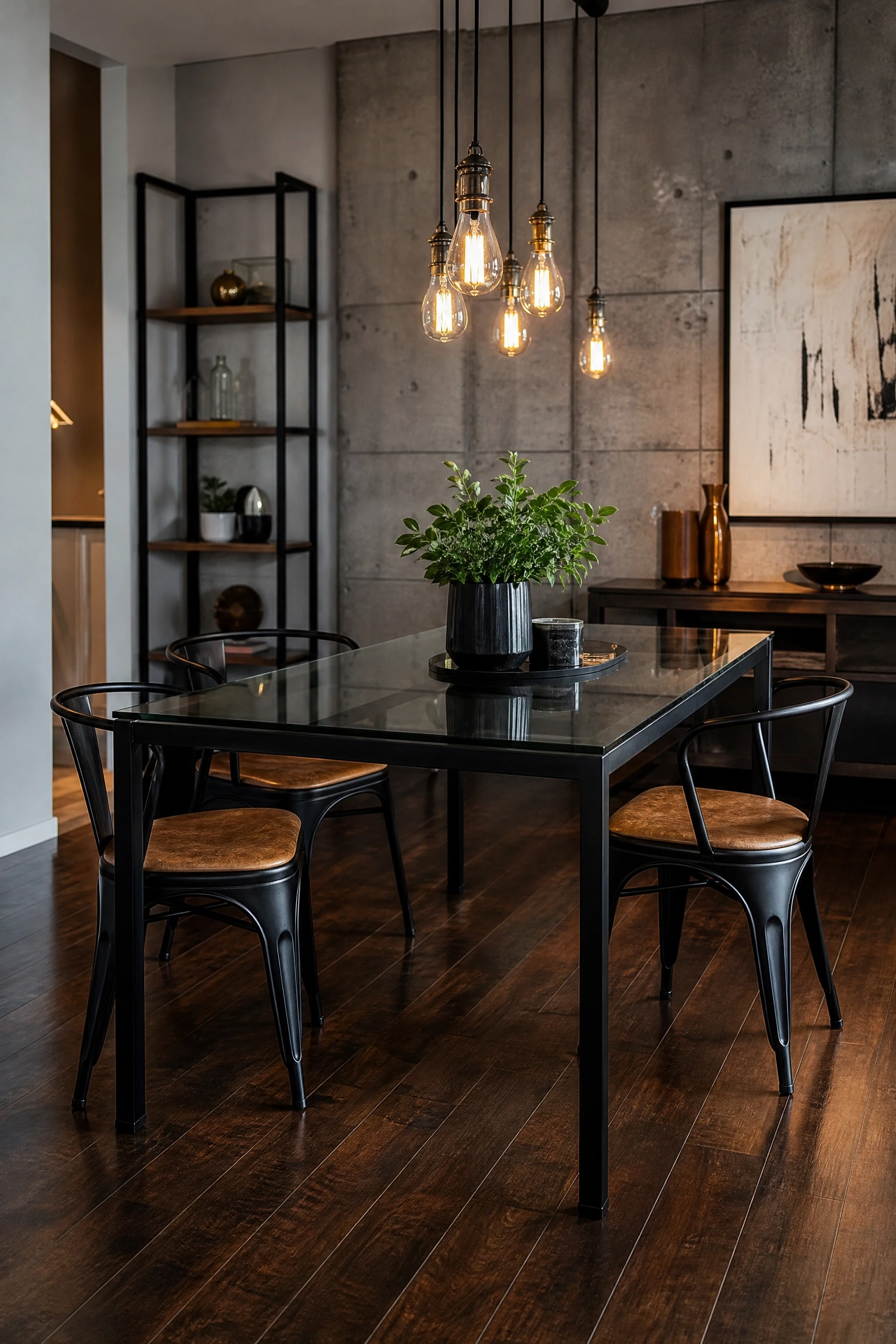 glass and metal for an industrial-contemporary hybrid in a dining room