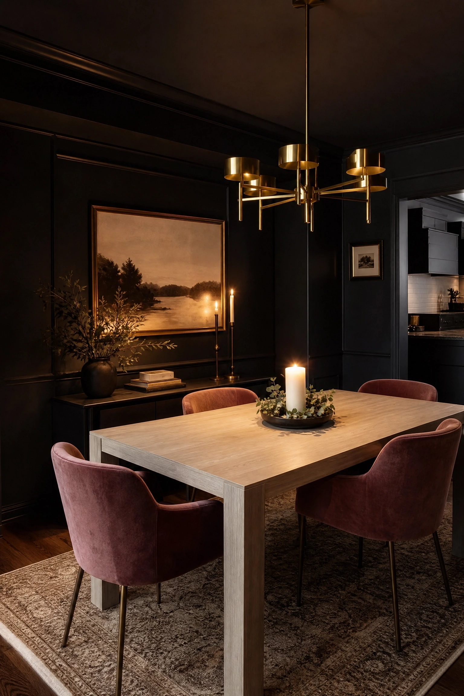 moody dark walls with contrast seating in a dining room