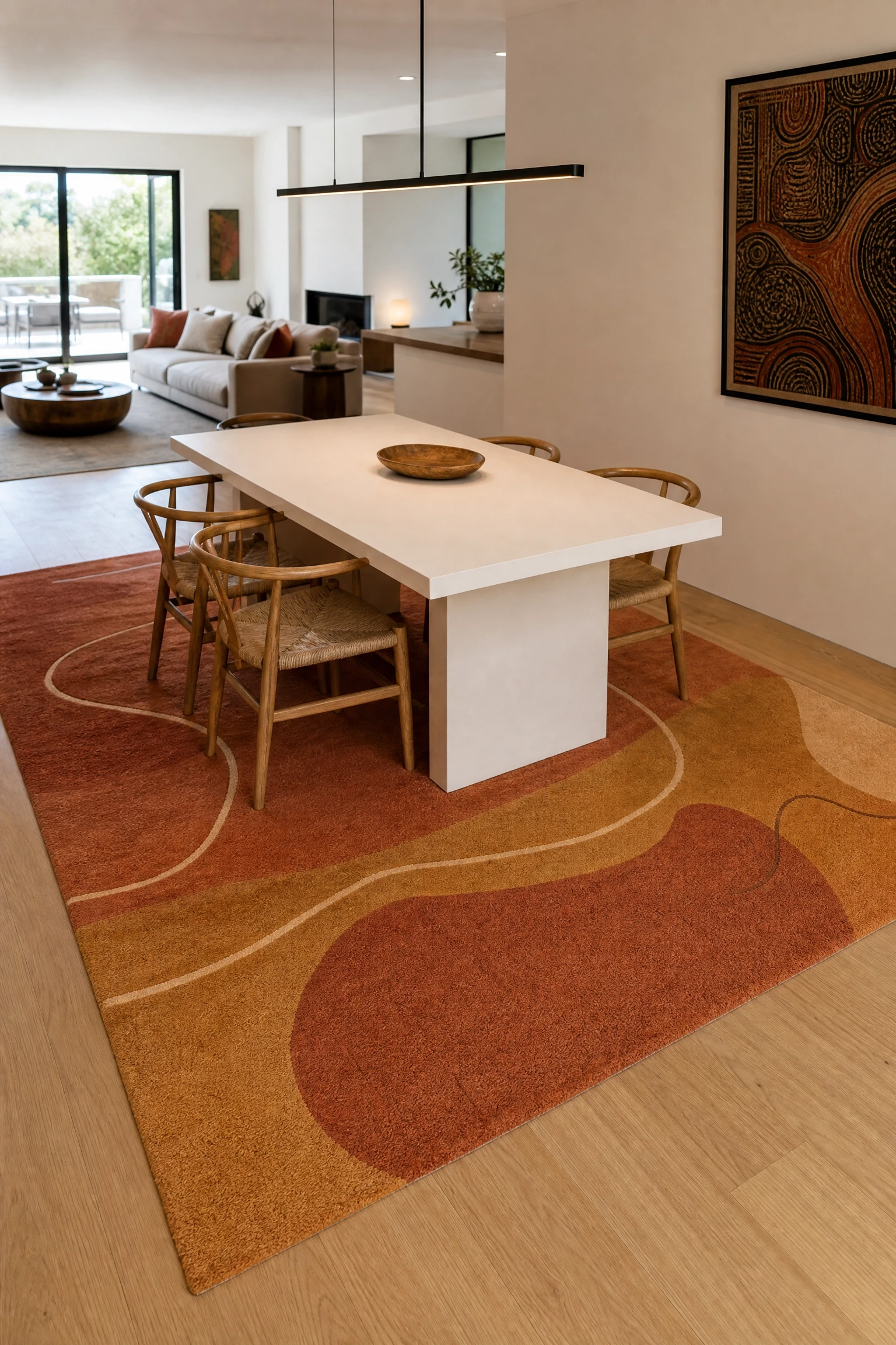 open-plan dining defined by a statement rug in a dining room