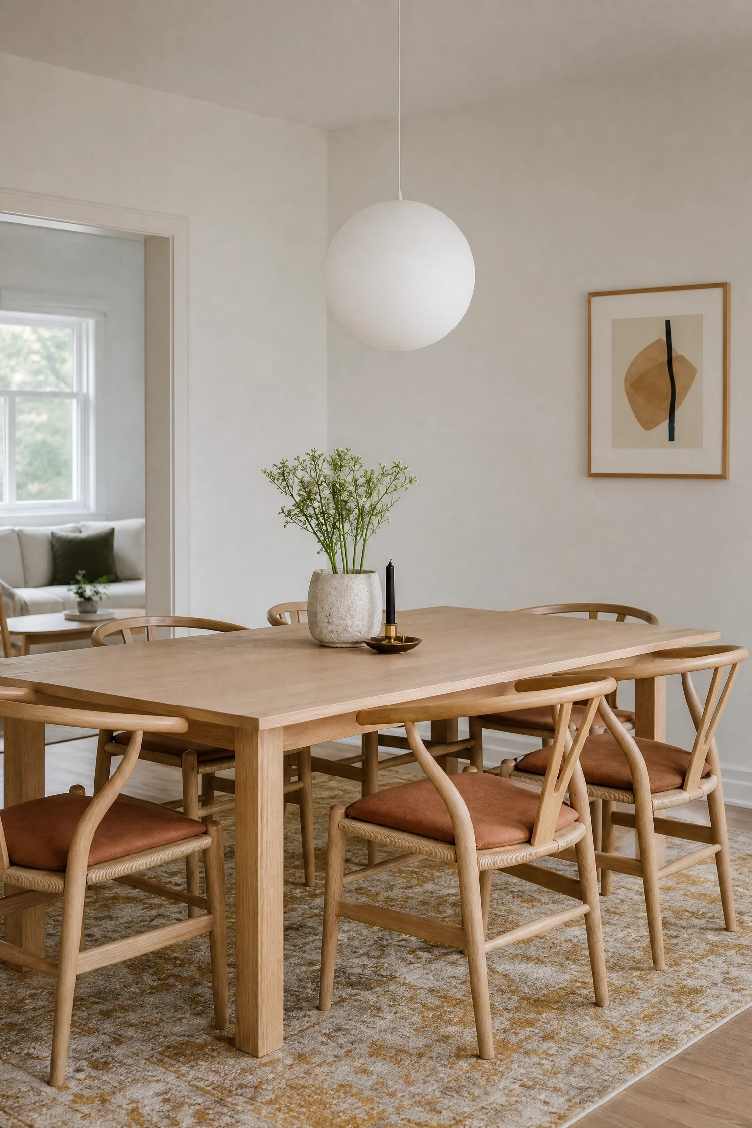 scandi-inspired white and wood with pops of color in a dining room