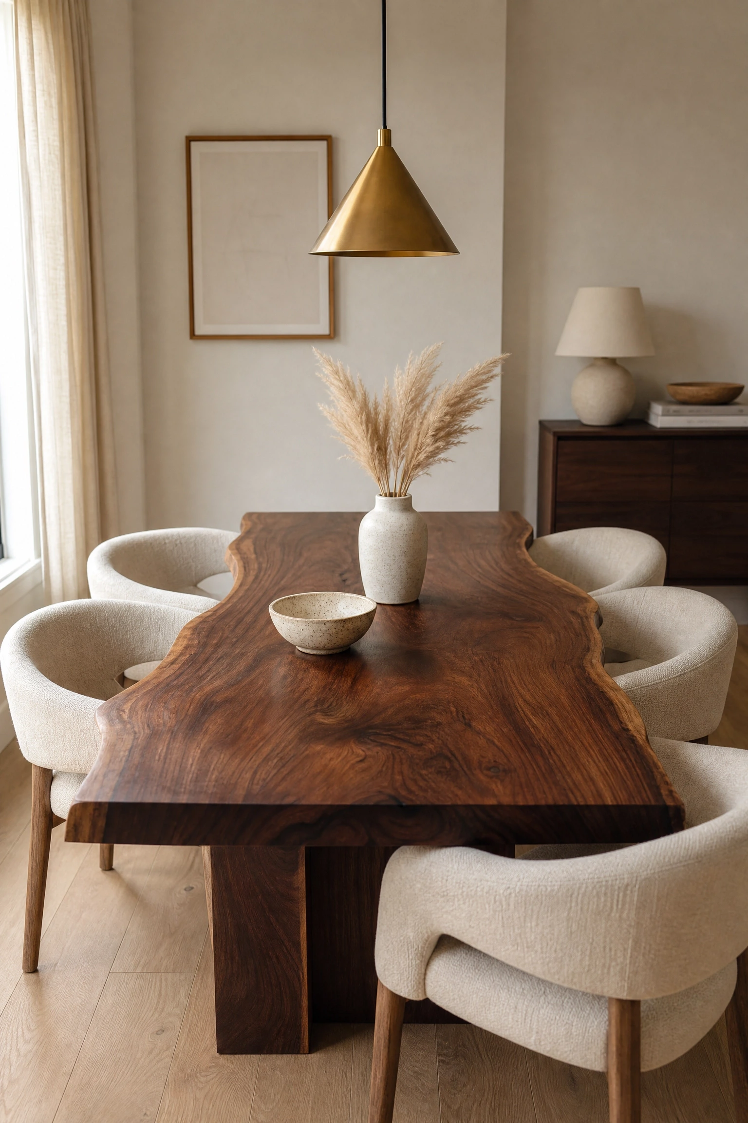warm minimalism with a wood-slab table in a dining room