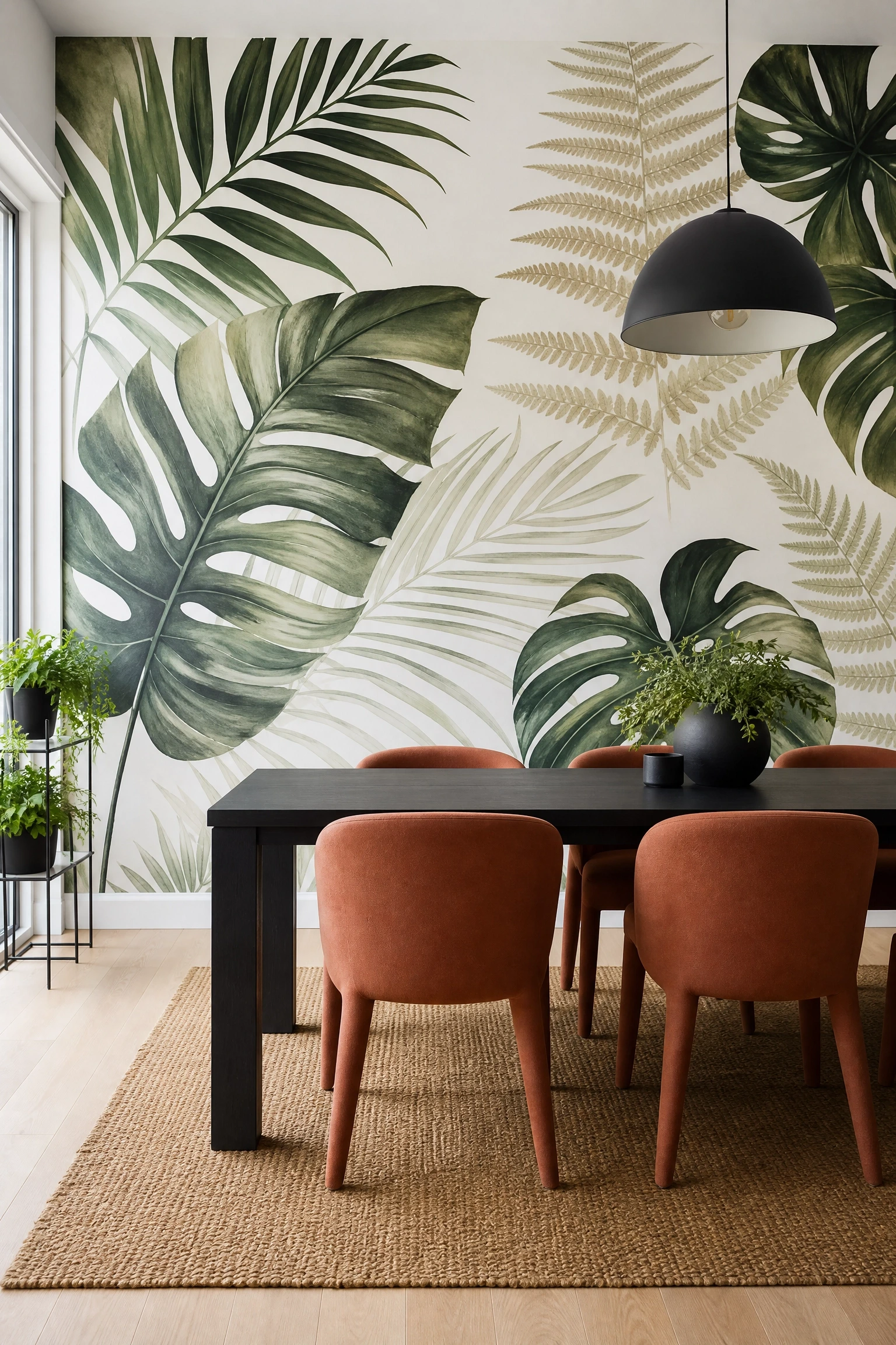 a single large-scale botanical mural in a dining room