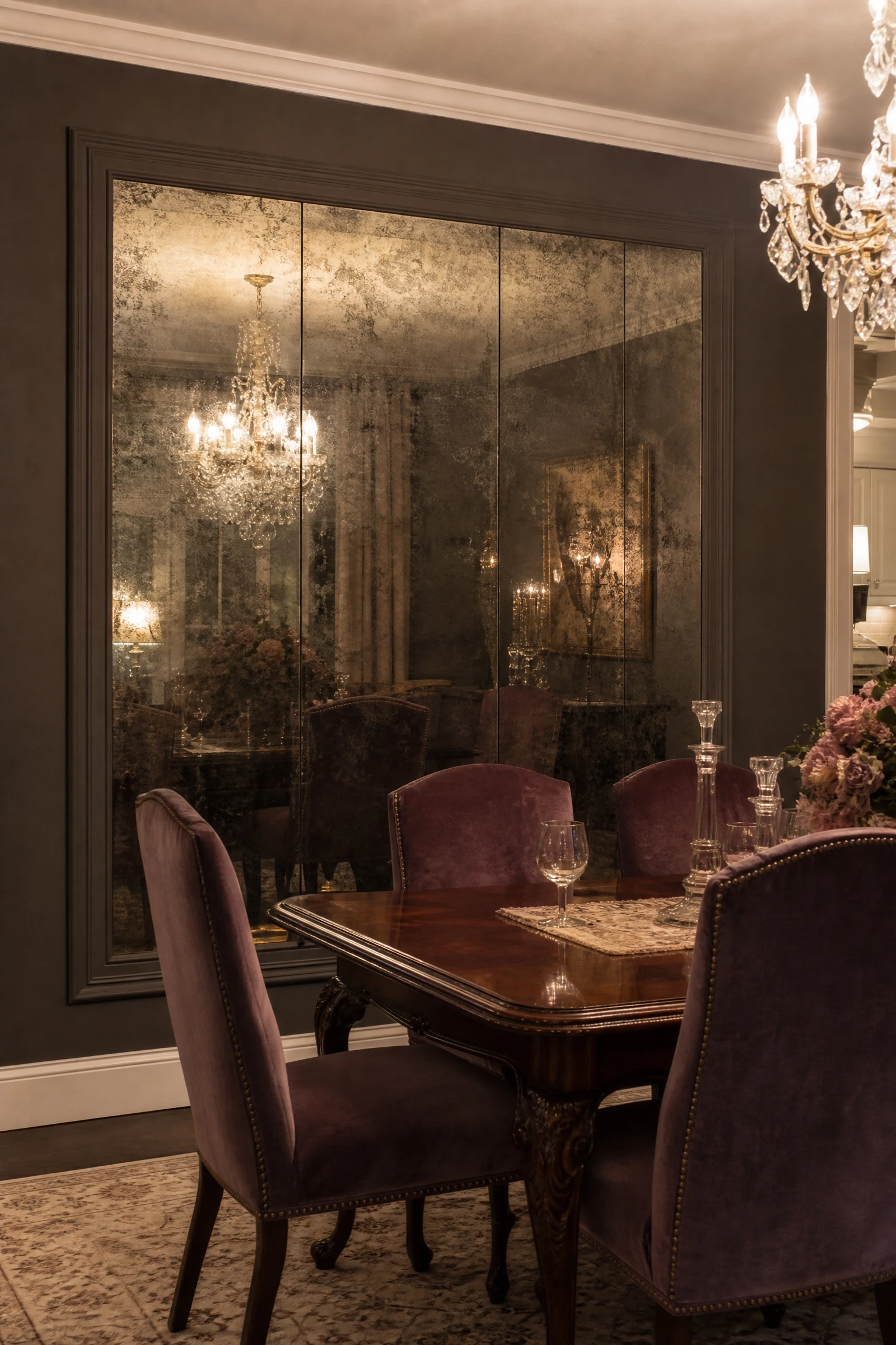 antique mirror tile panel in a dining room