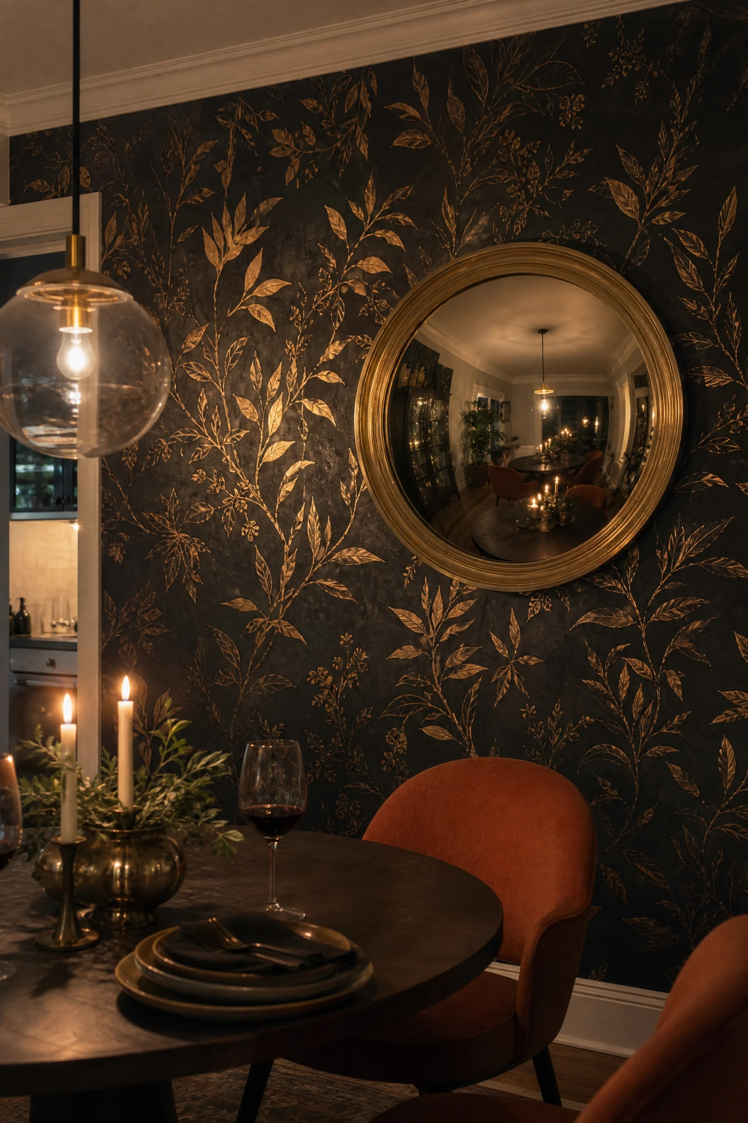 dark wallpaper with metallic gold accents in a dining room