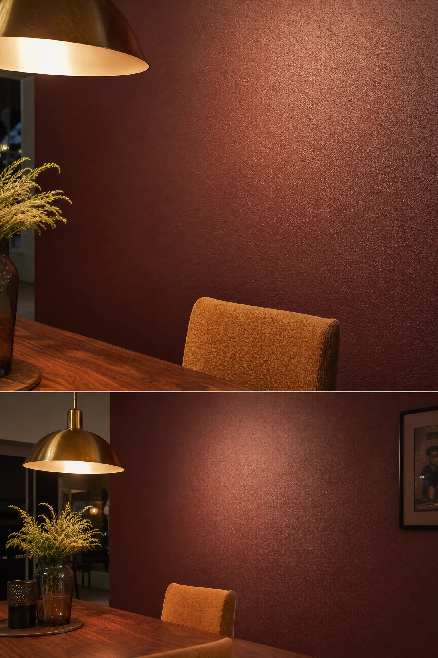 deep burgundy paint with visible brushstroke texture in a dining room