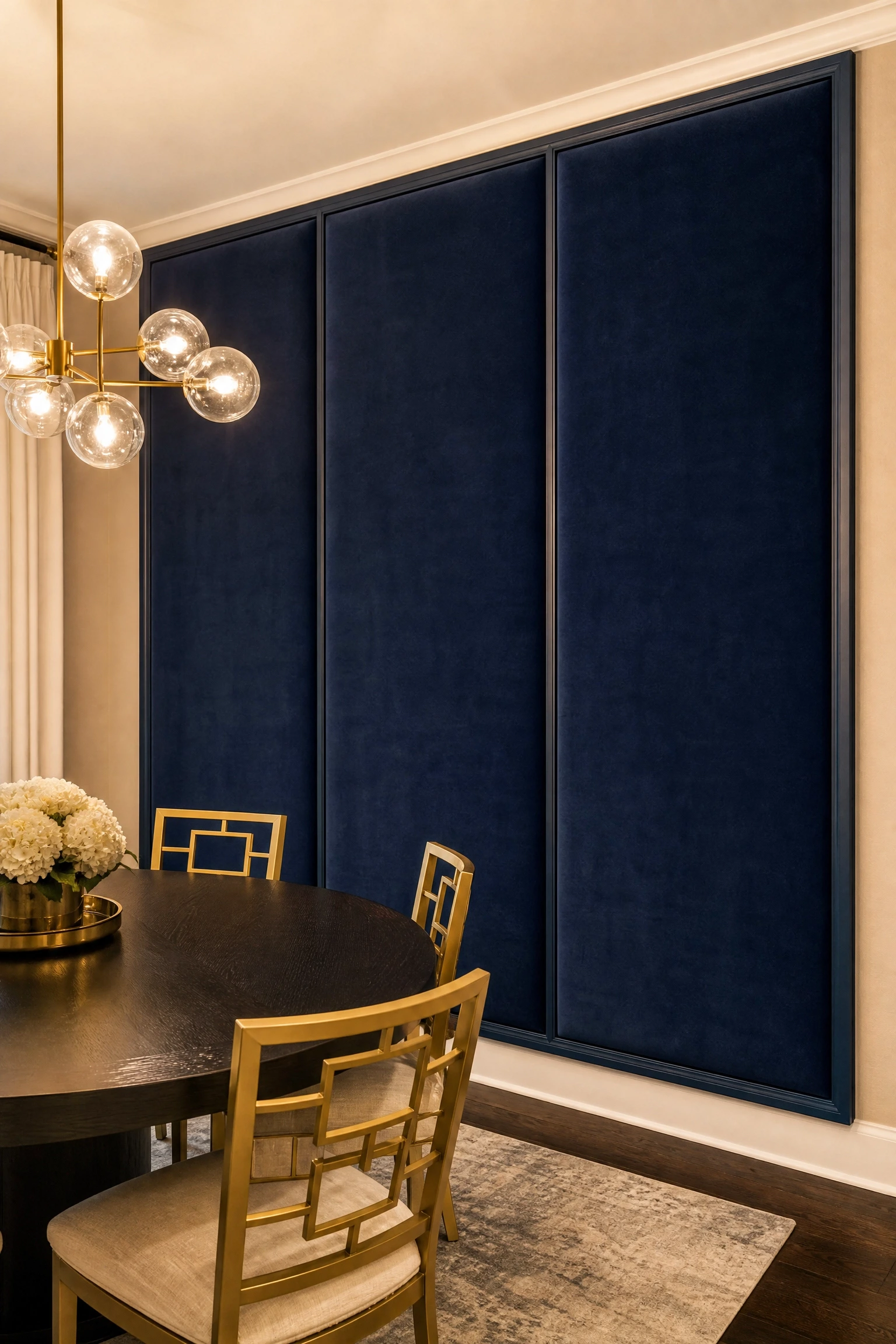 fabric-upholstered panel wall in a dining room