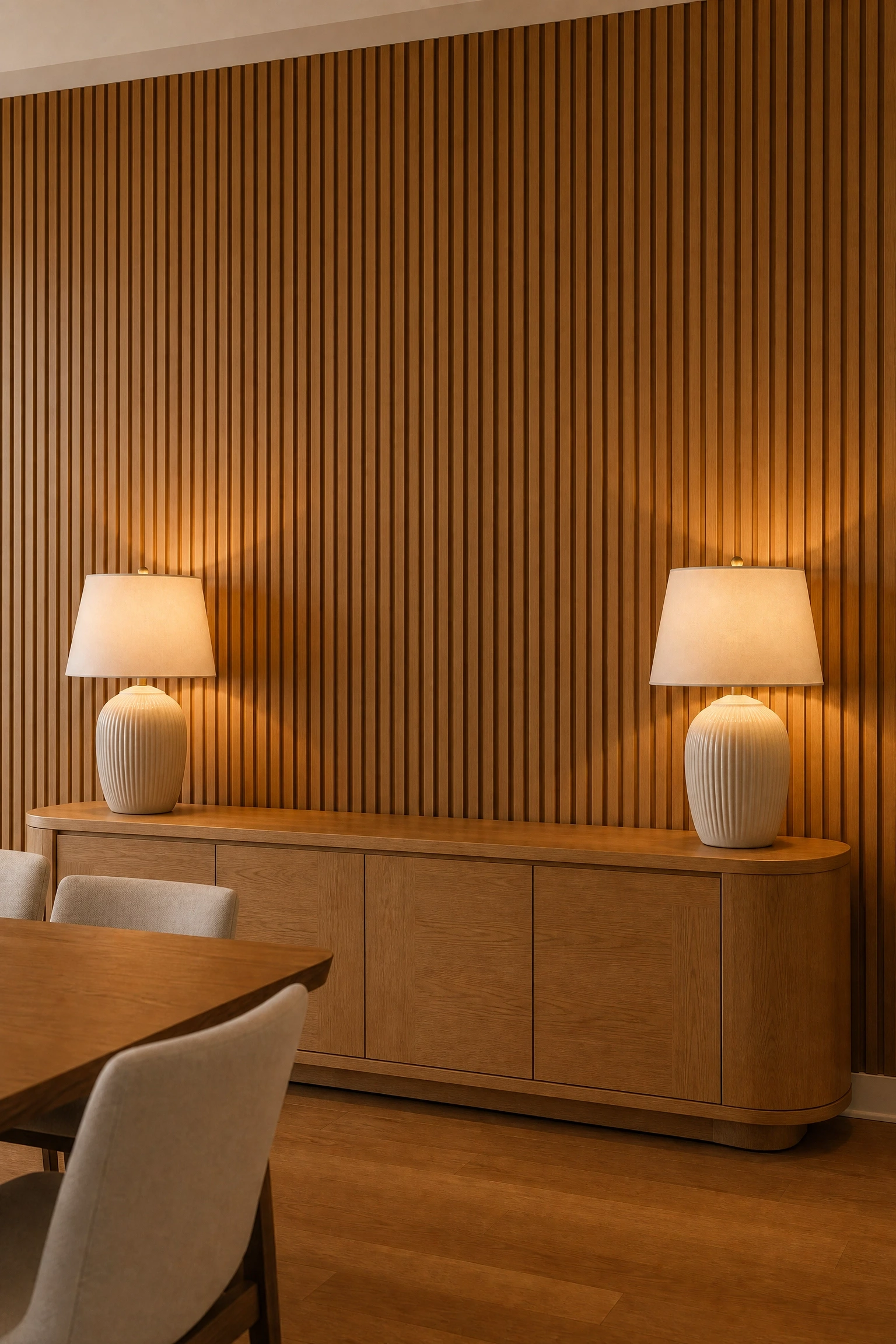 fluted wood panels in a natural oak finish in a dining room