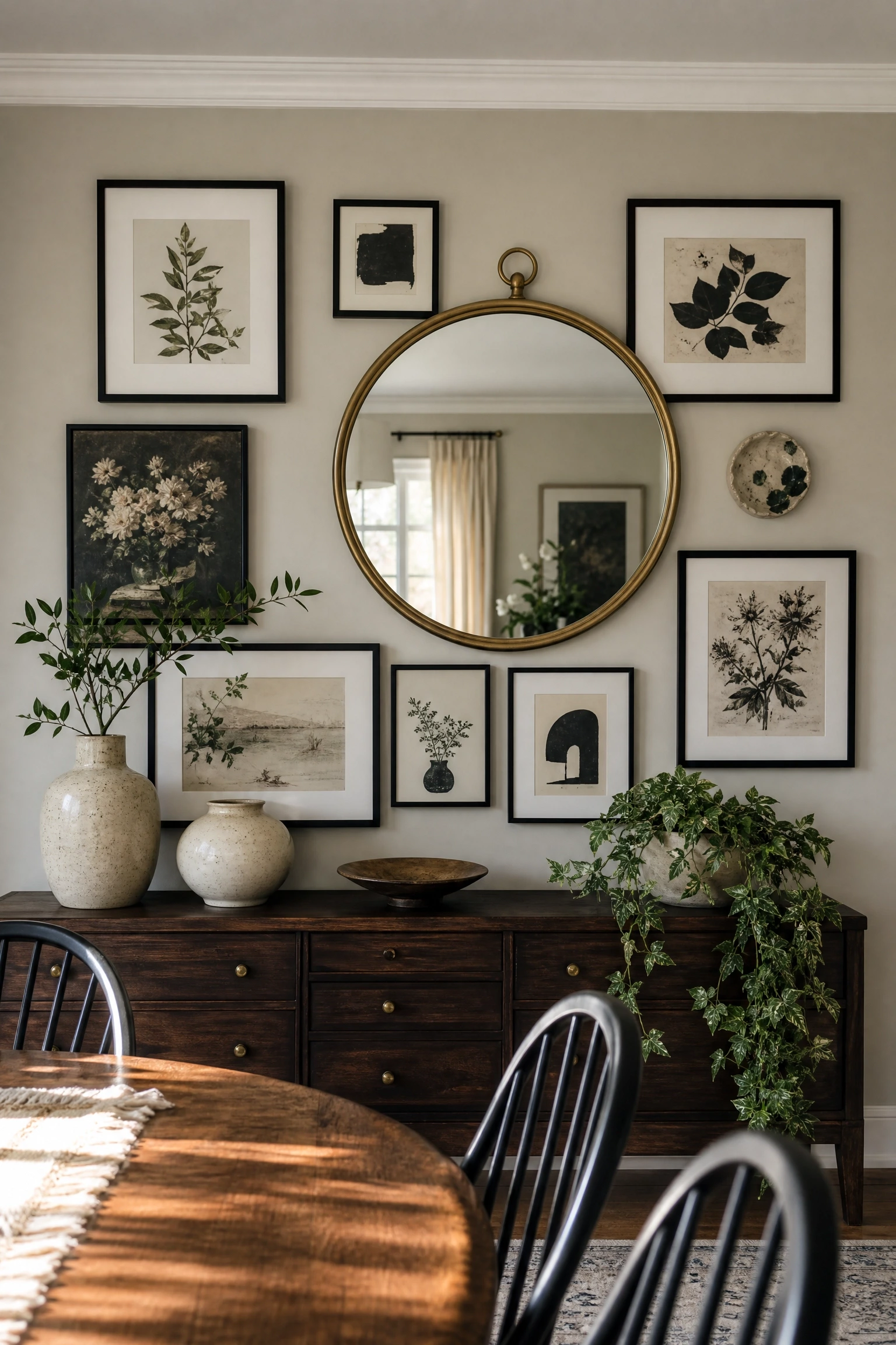gallery wall built around a large mirror in a dining room
