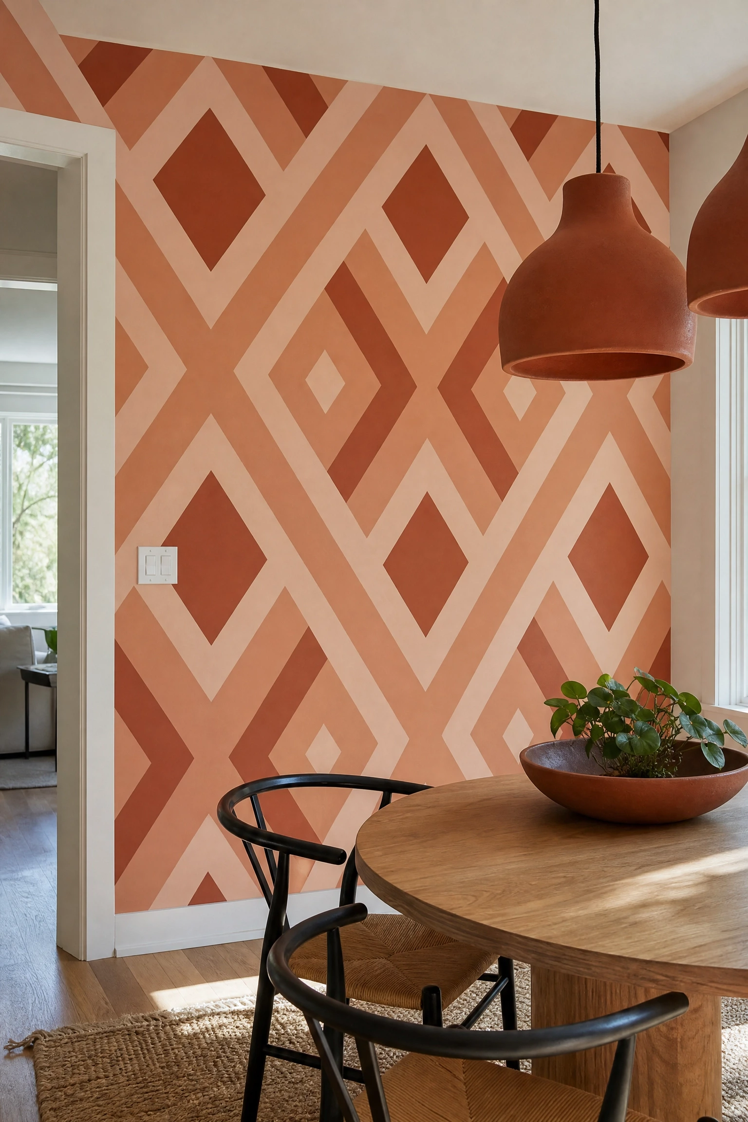 geometric painted pattern in a tonal color palette in a dining room