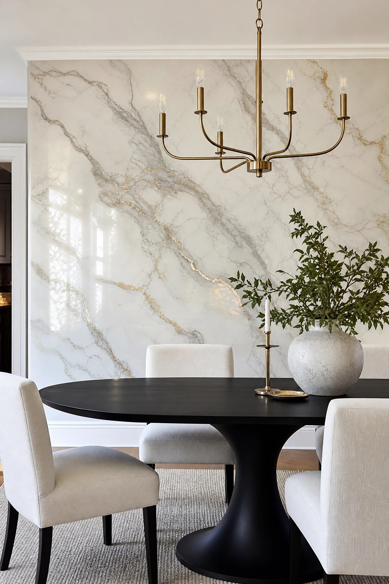 hand-painted faux finish inspired by marble in a dining room
