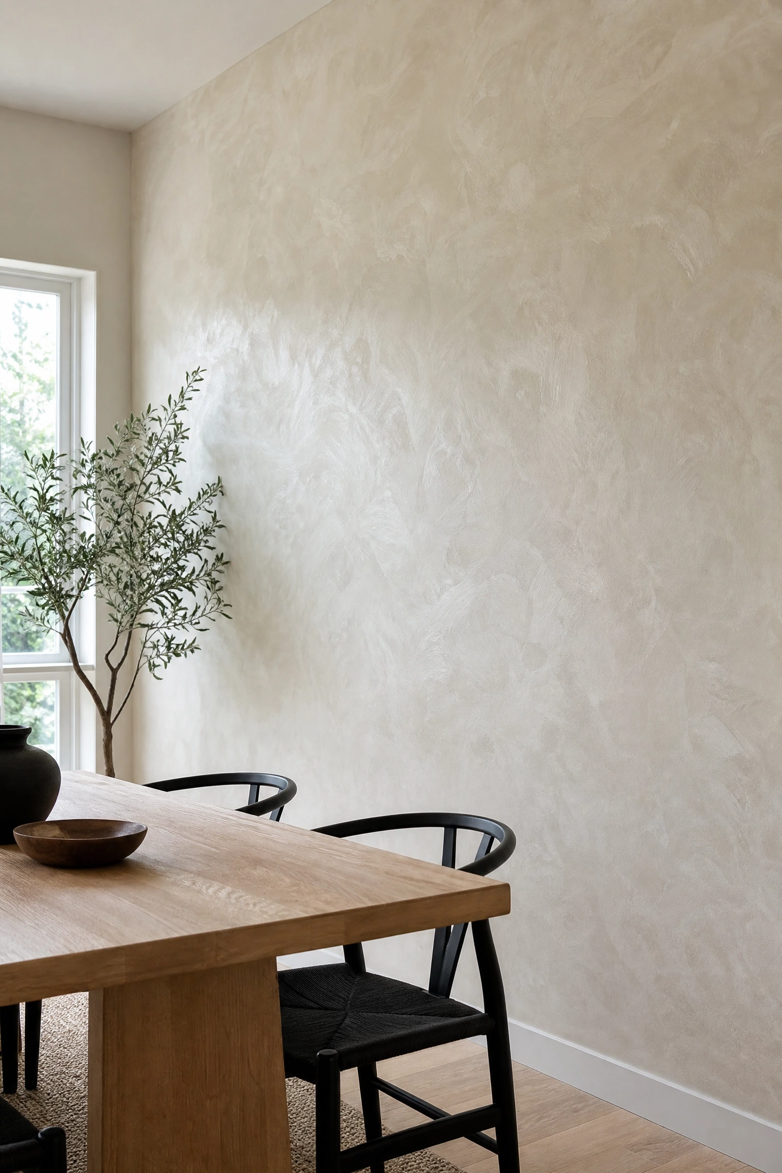 limewash paint in a cloudy off-white in a dining room