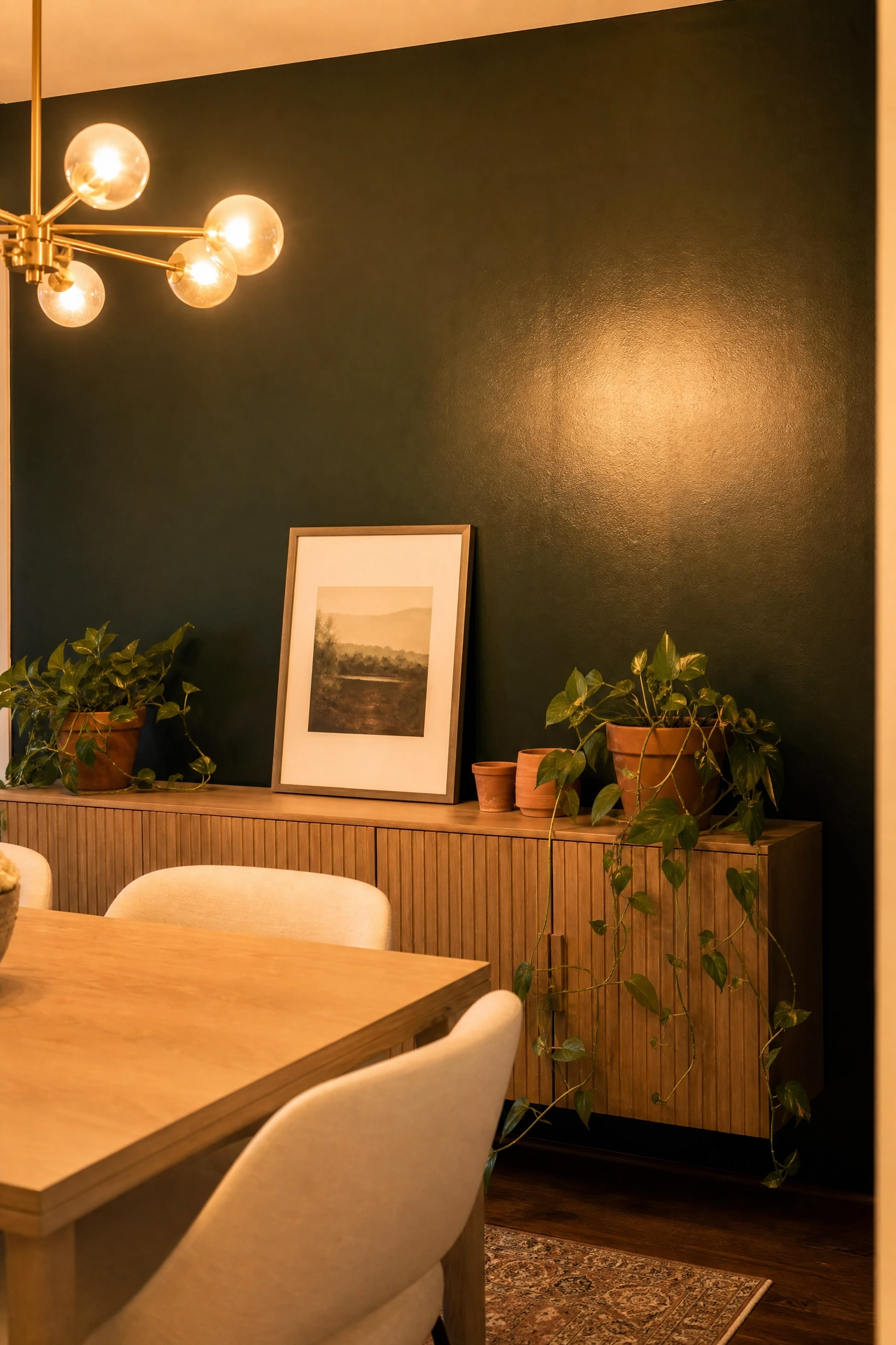 moody dark green with satin finish in a dining room