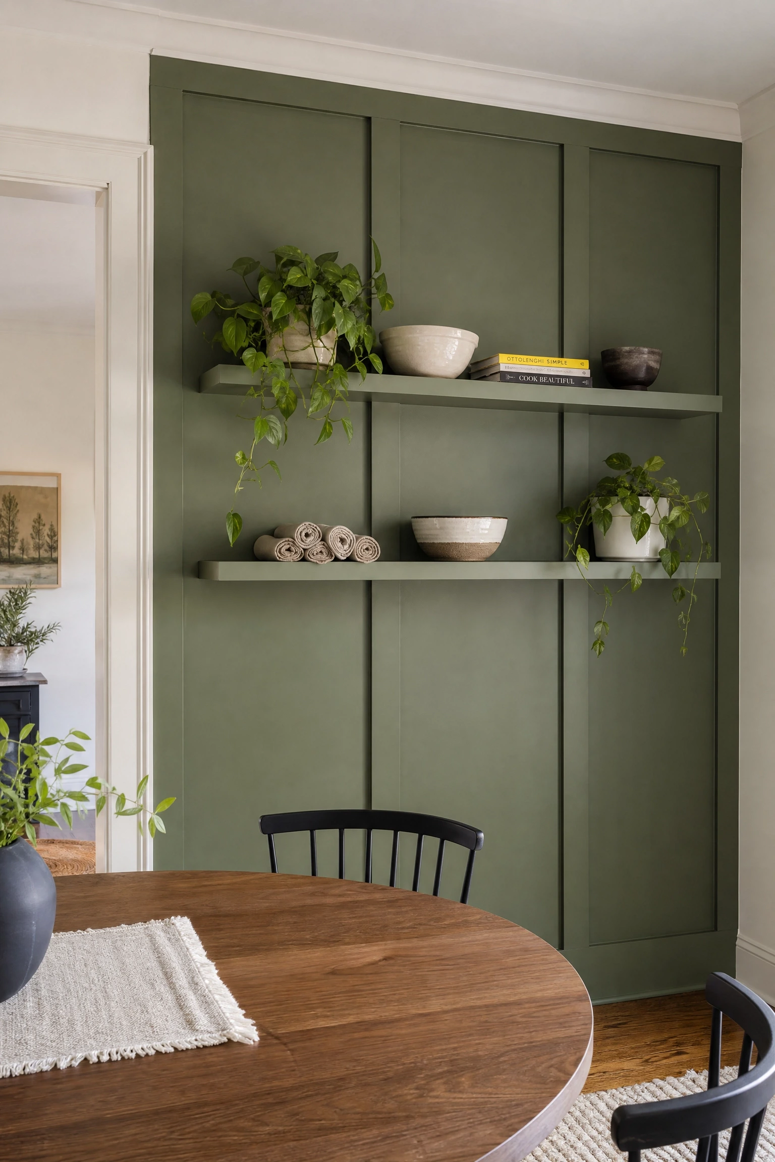 paneled wall with integrated shelving in a dining room