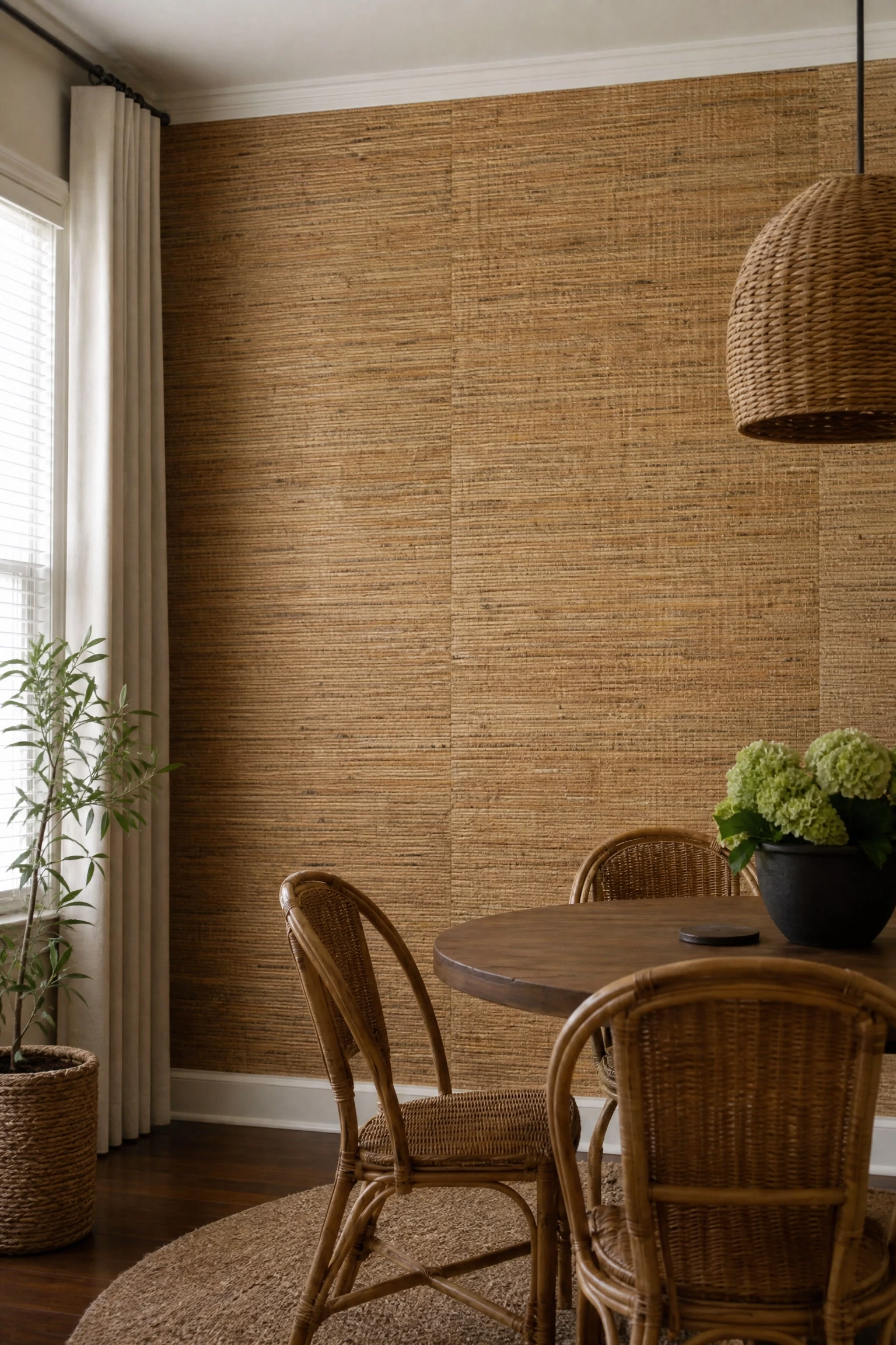 rattan or grasscloth wallpaper in a dining room