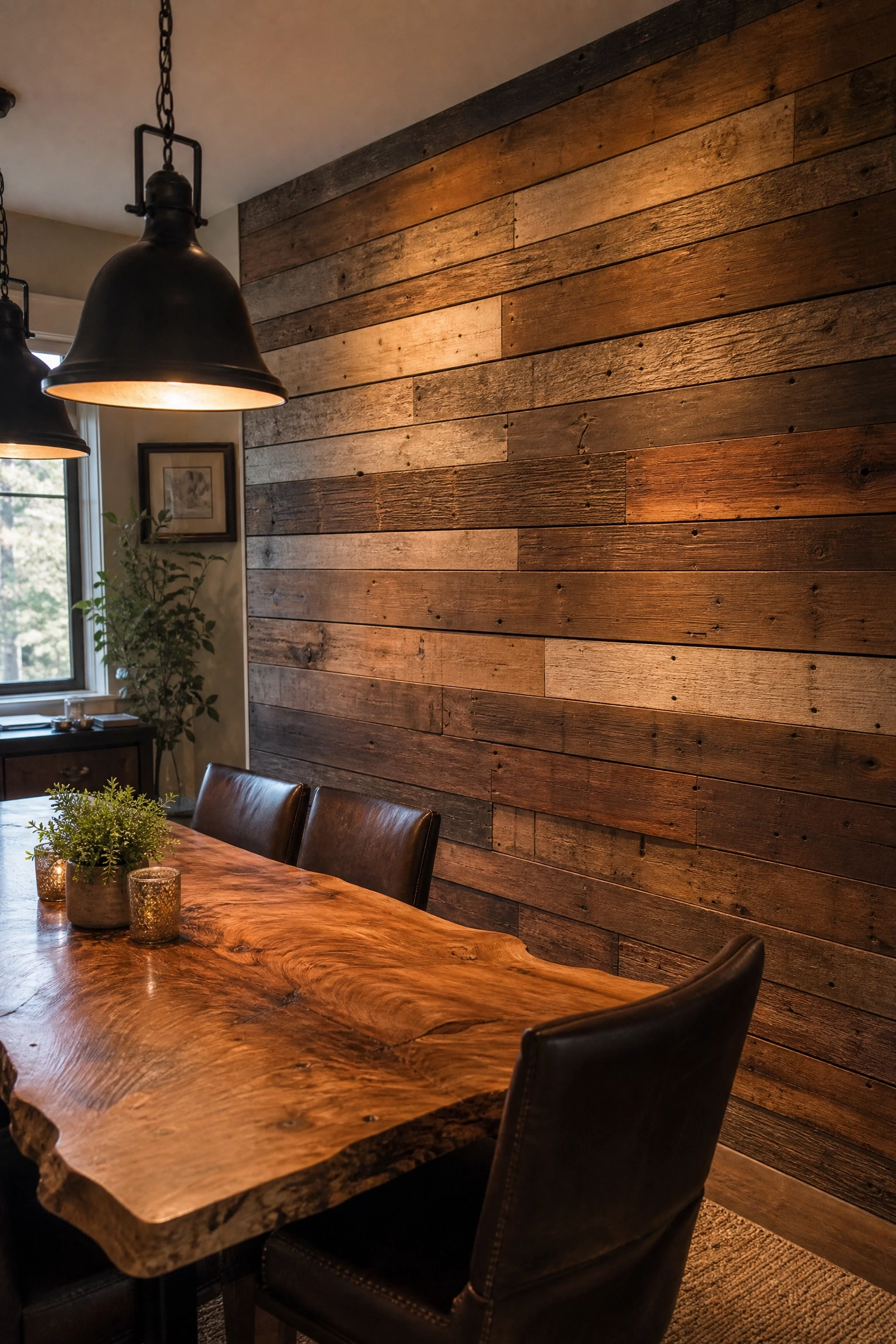 reclaimed wood planks in a mixed-width installation in a dining room