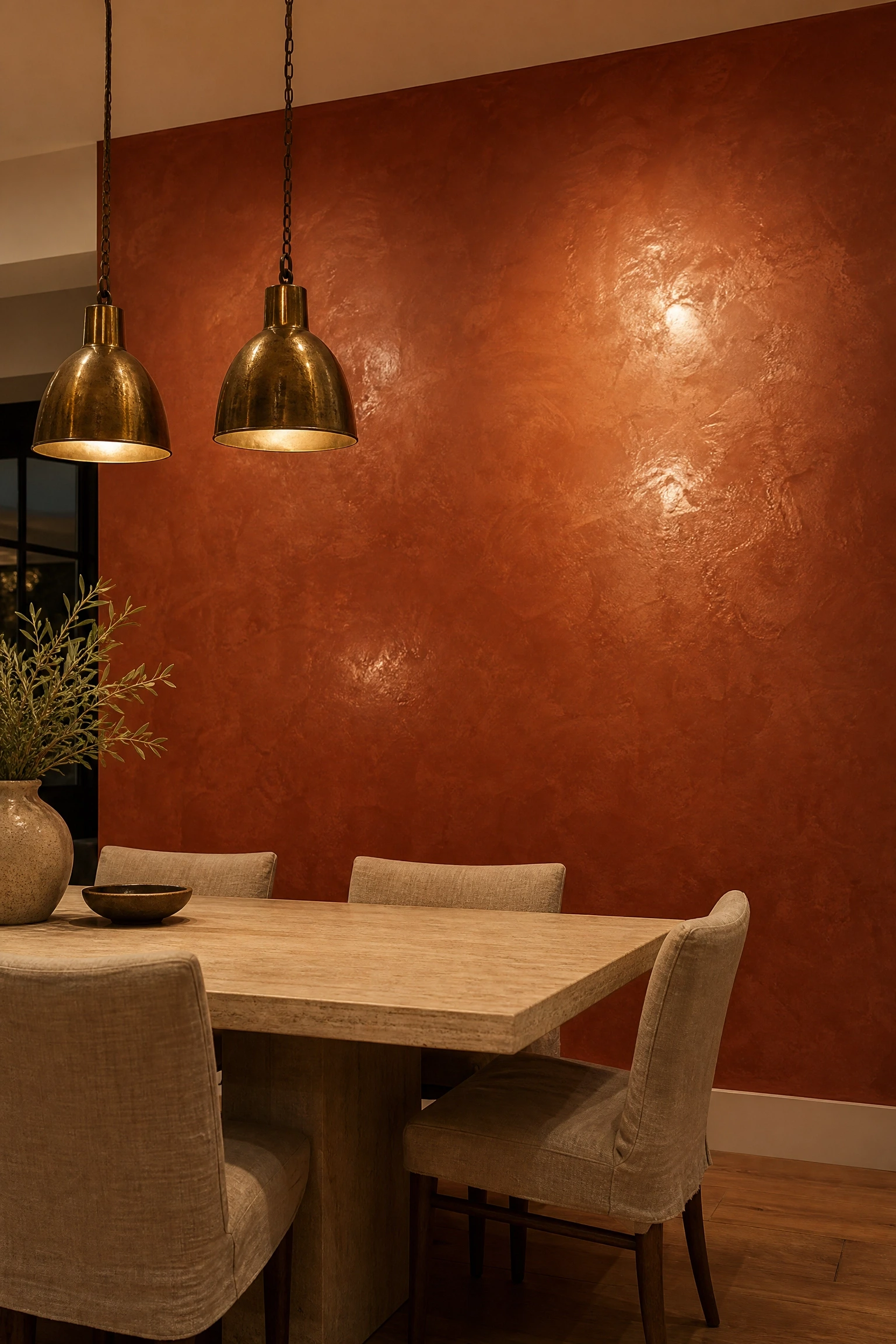 venetian plaster in a warm terracotta in a dining room