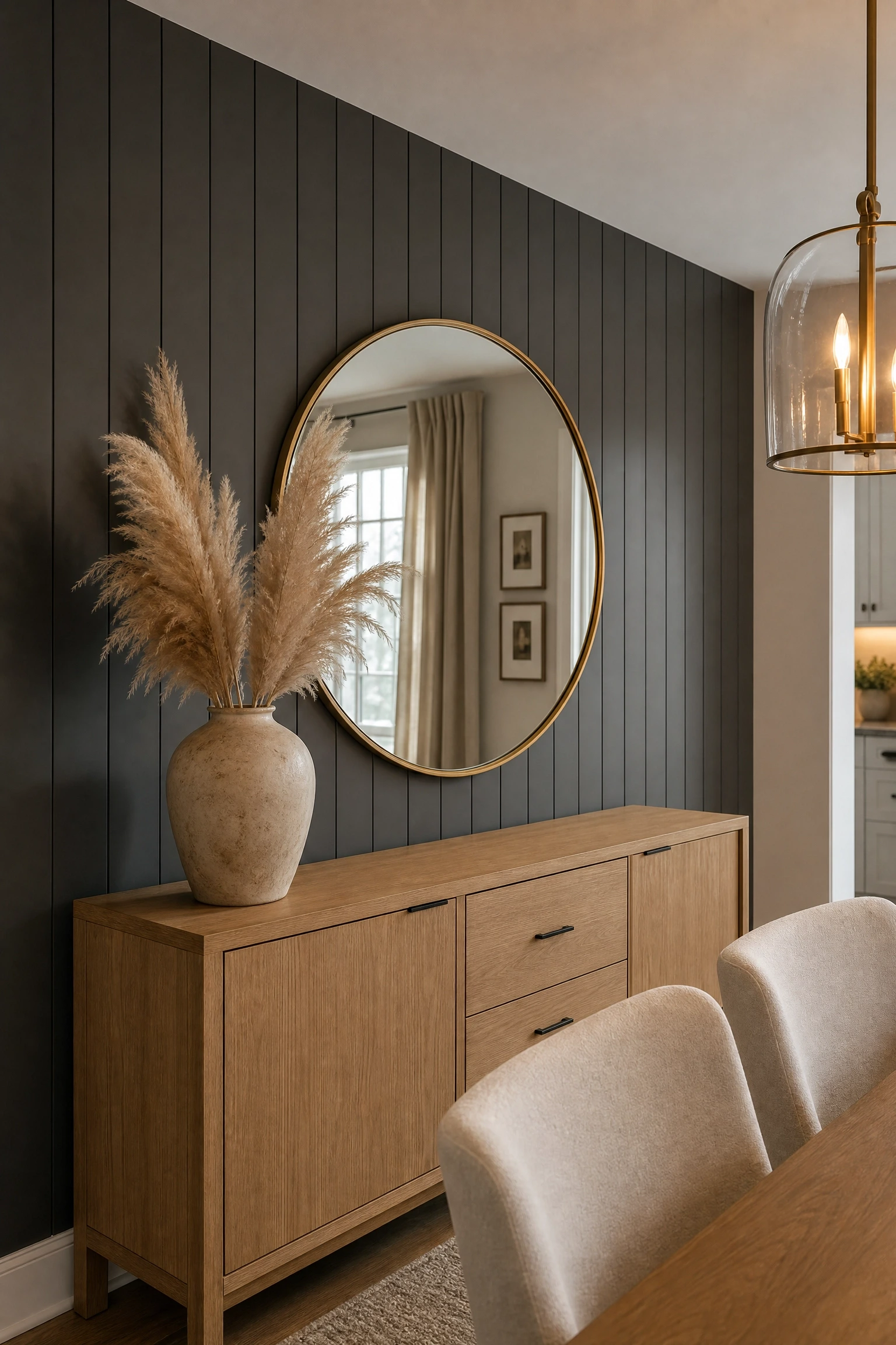 vertical shiplap painted in charcoal gray in a dining room