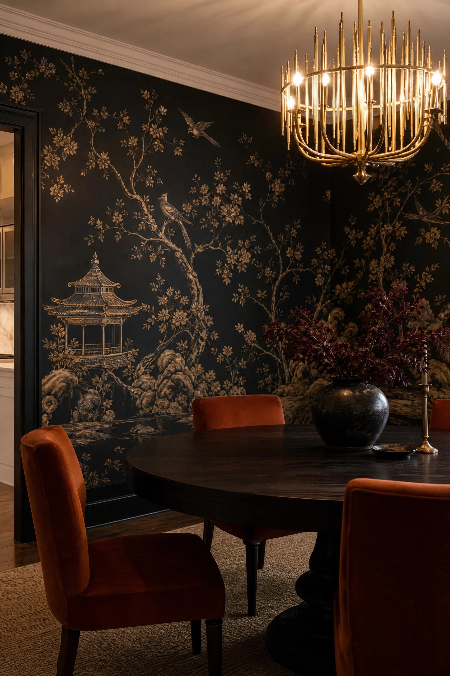 wallpaper with an oversized chinoiserie pattern in a dining room