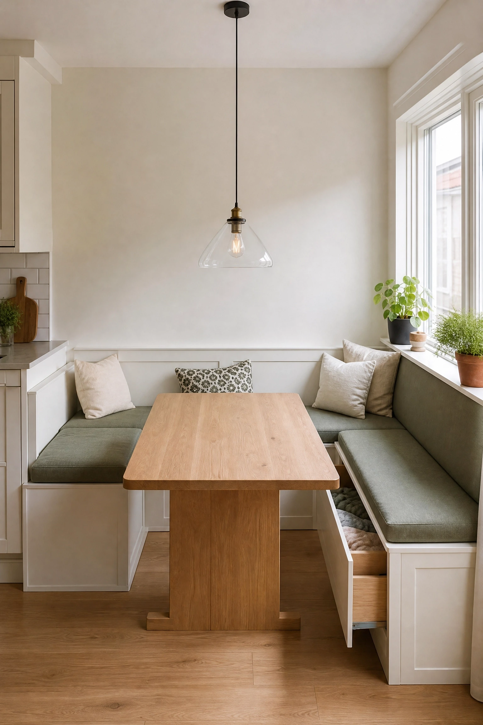 a banquette built into a kitchen alcove in a dining room