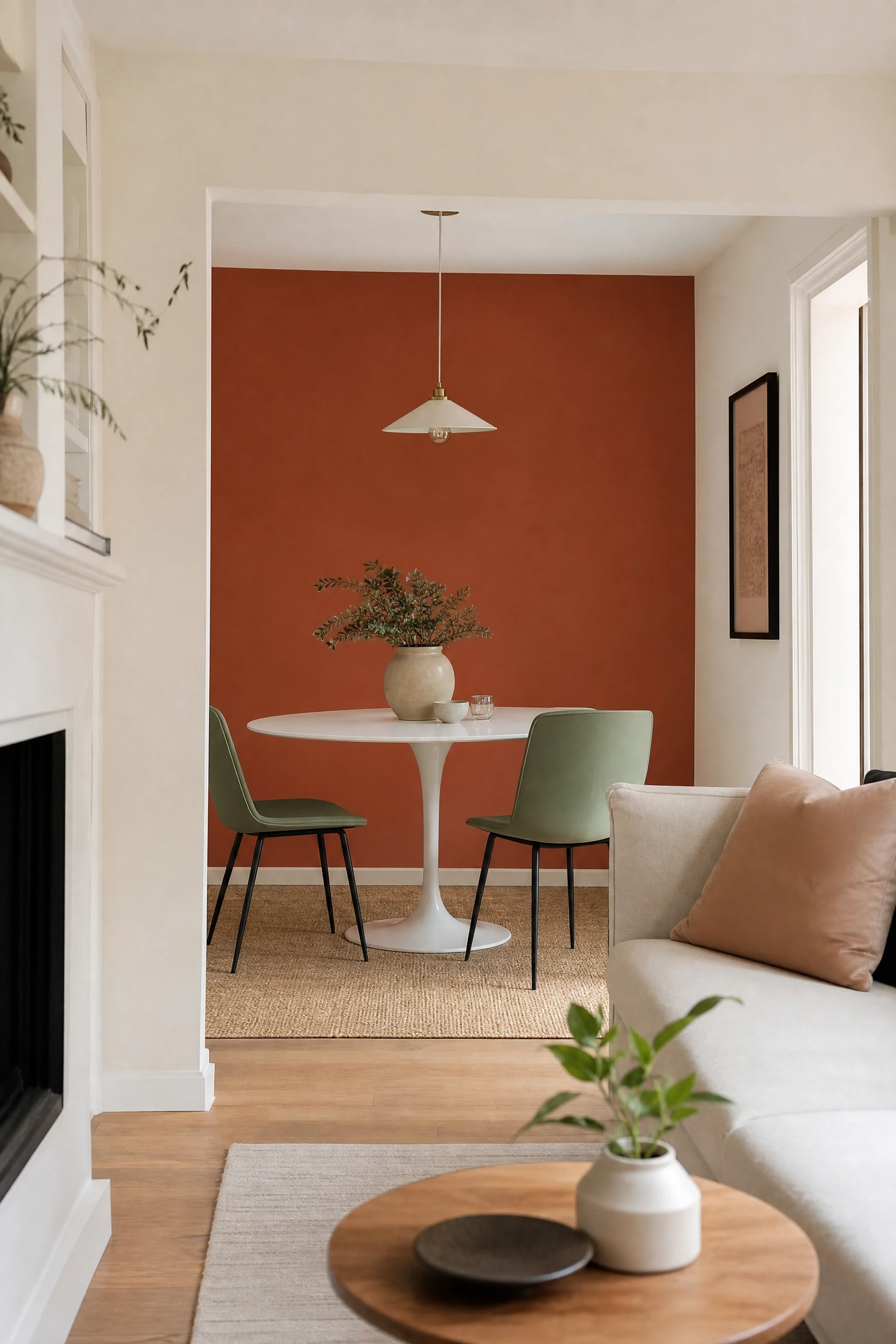 a bold colour on one wall to define the zone in a dining room