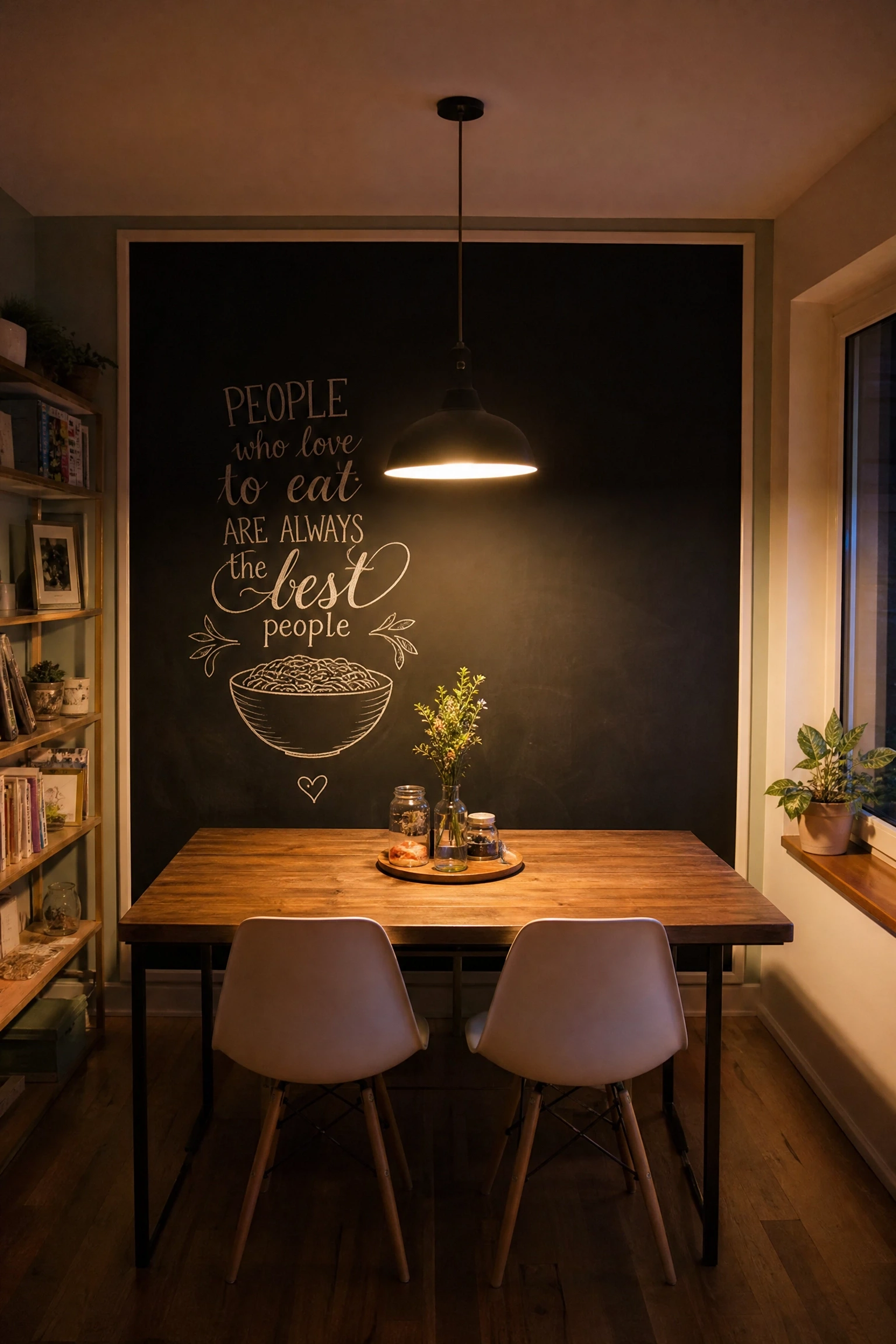 a chalkboard or cork wall panel behind the table in a dining room