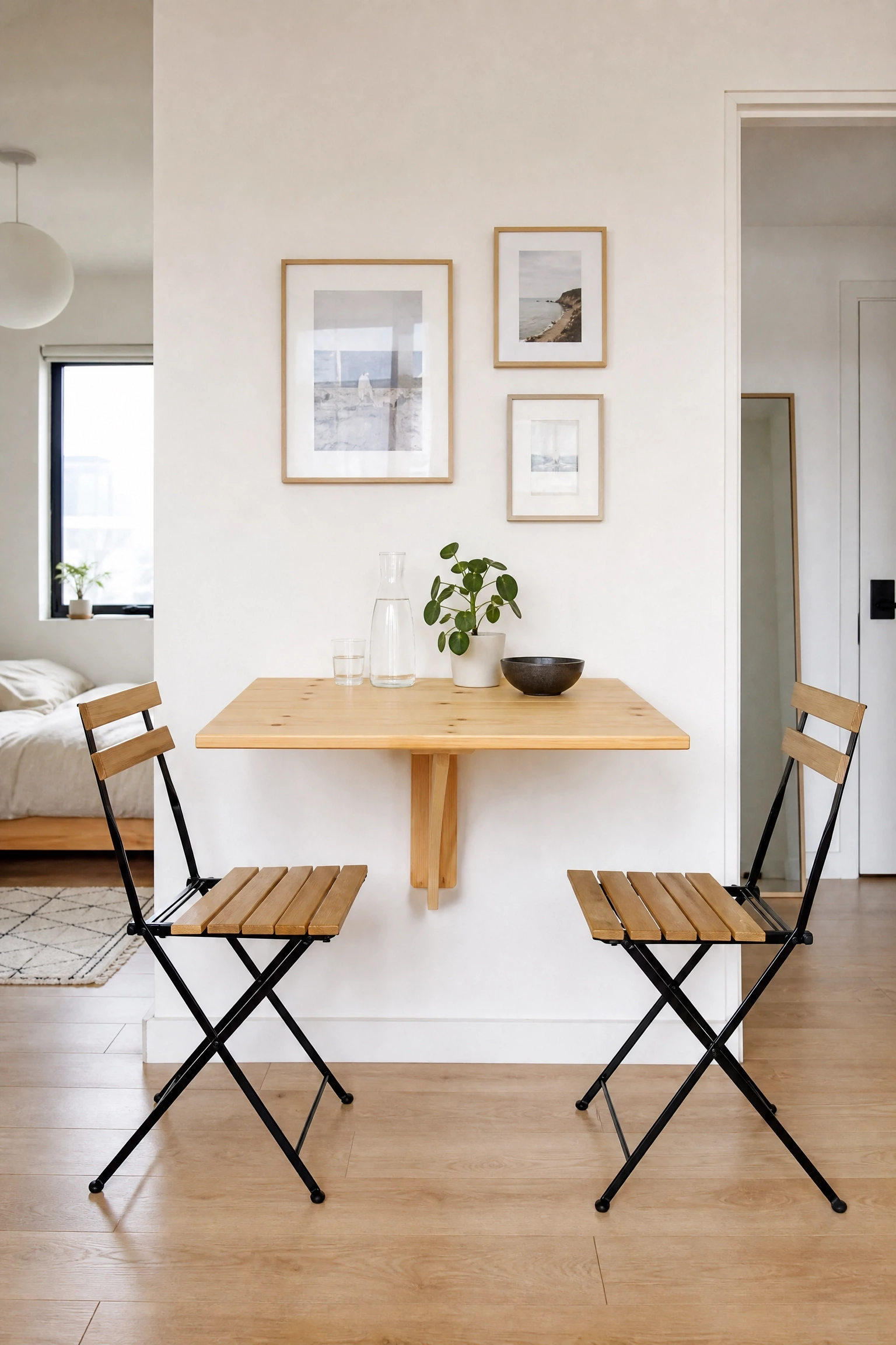 a folding wall-mount table in a micro space in a dining room