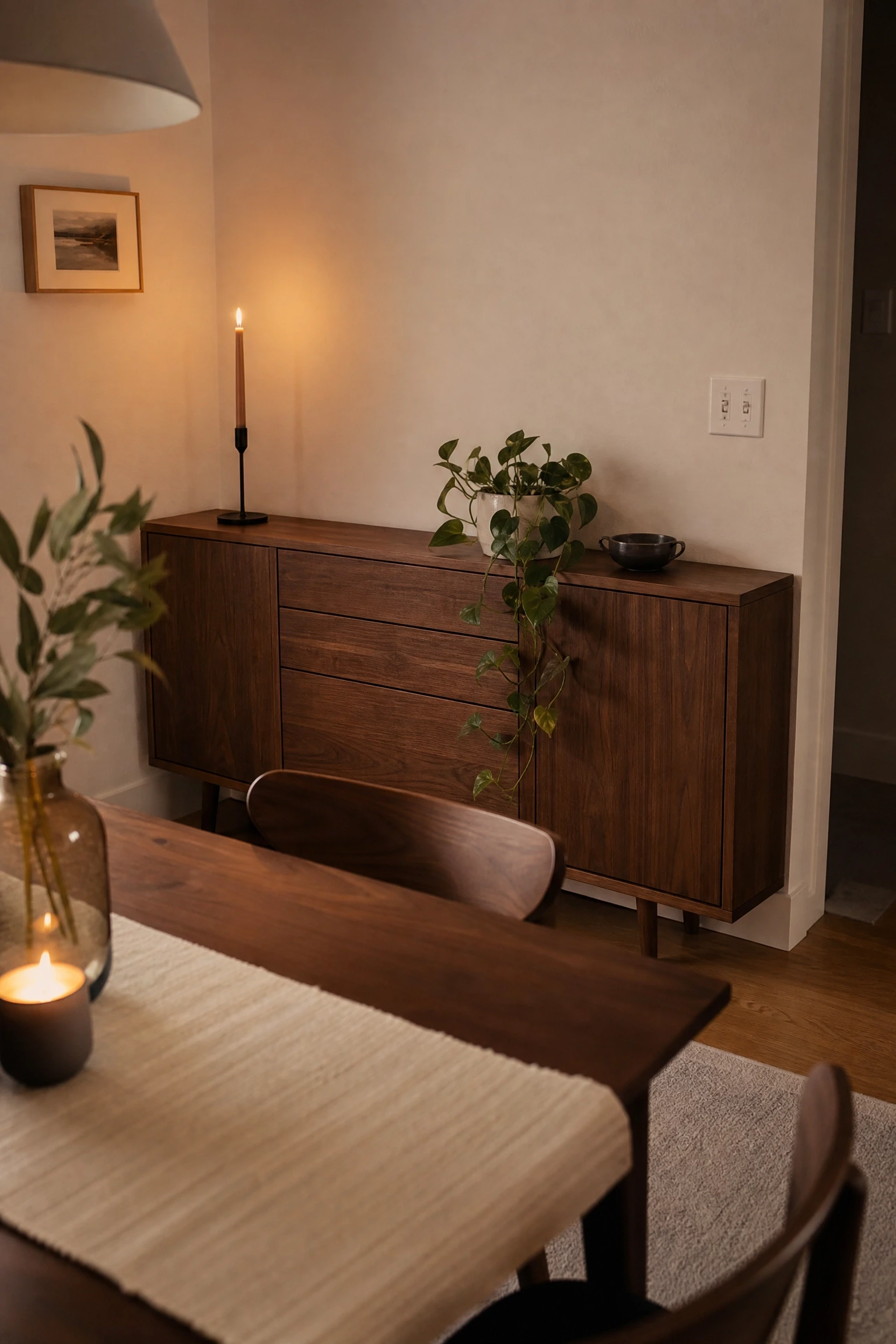 a narrow sideboard that earns its space in a dining room