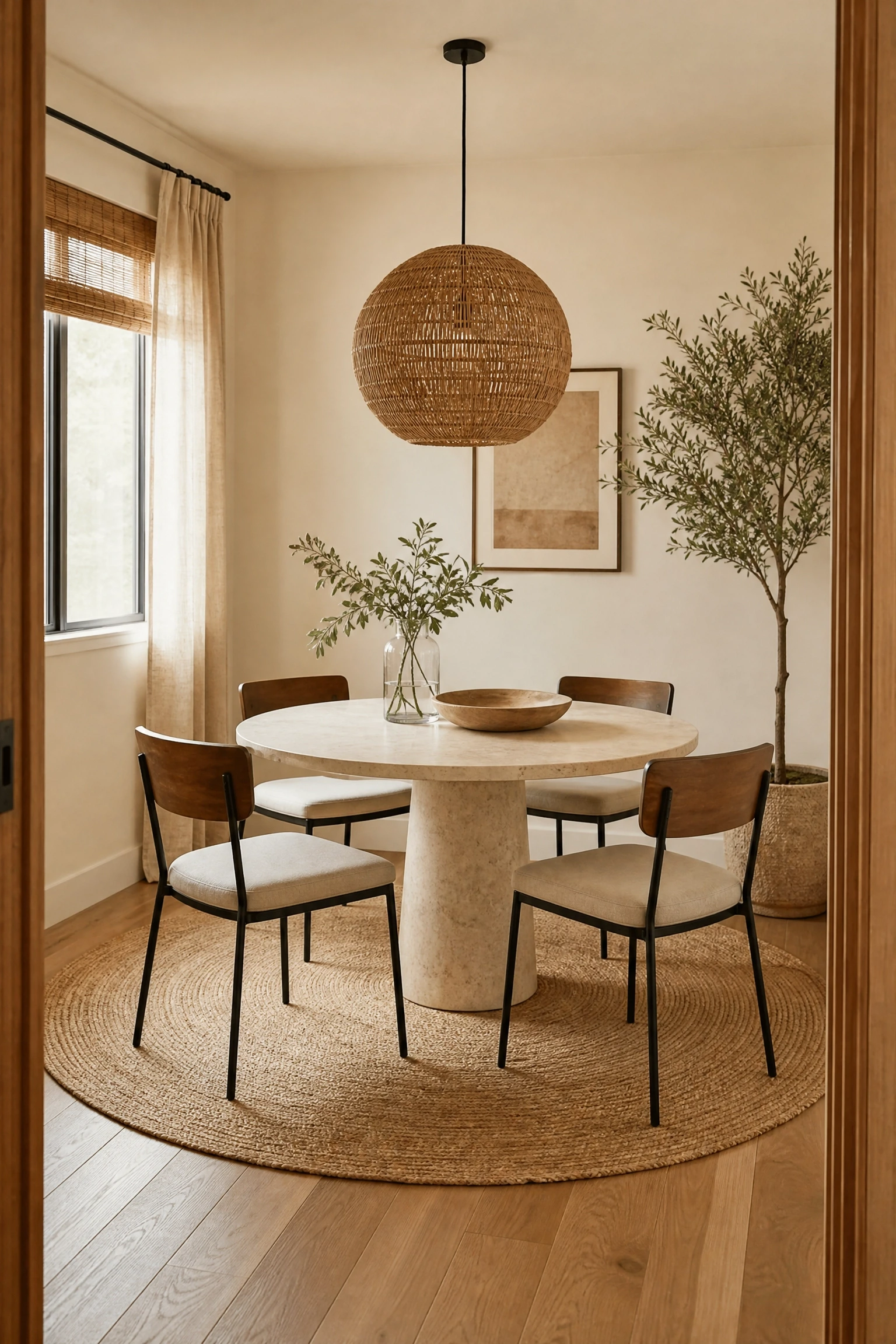 a round table in a square room in a dining room