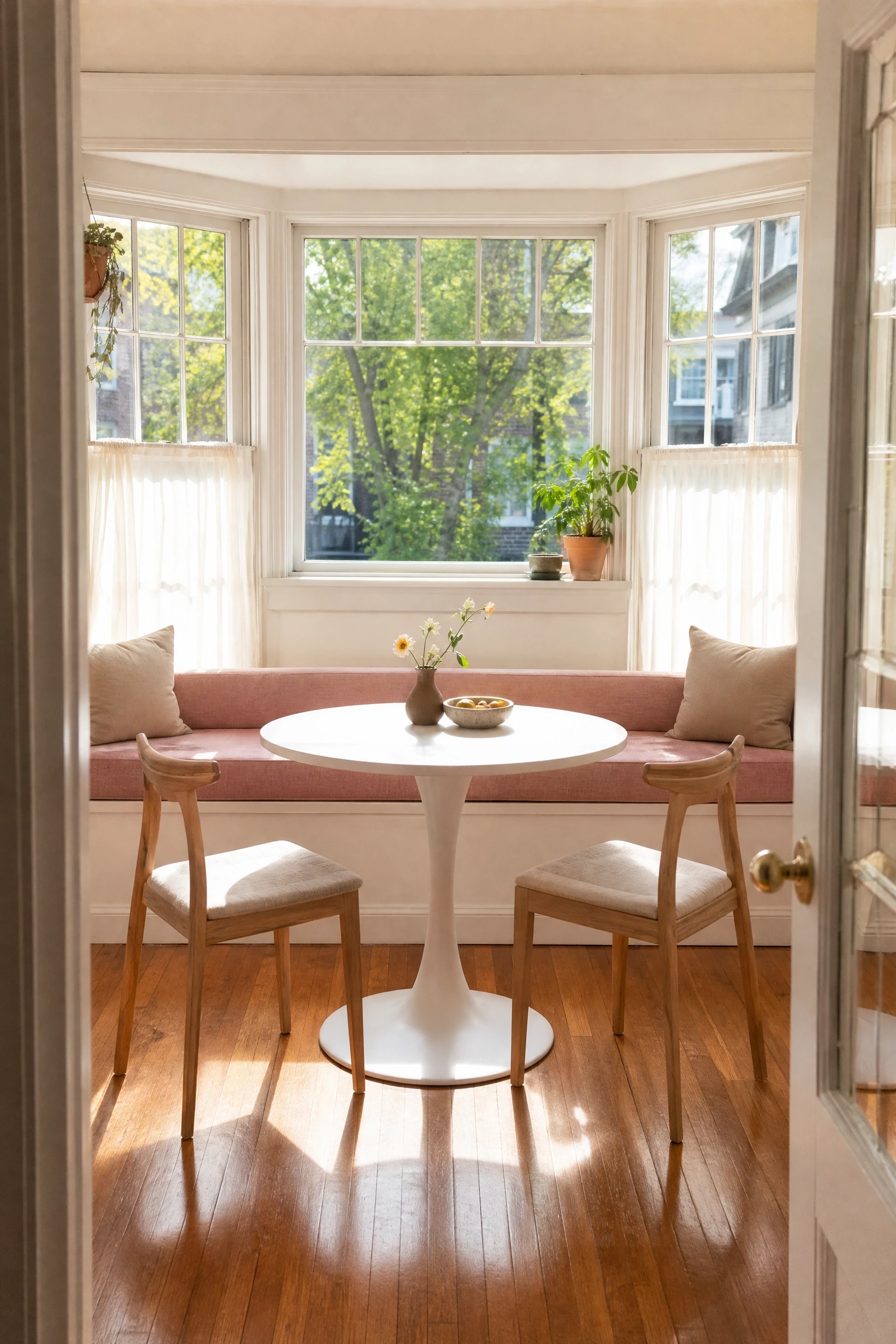 a window seat turned dining nook in a dining room