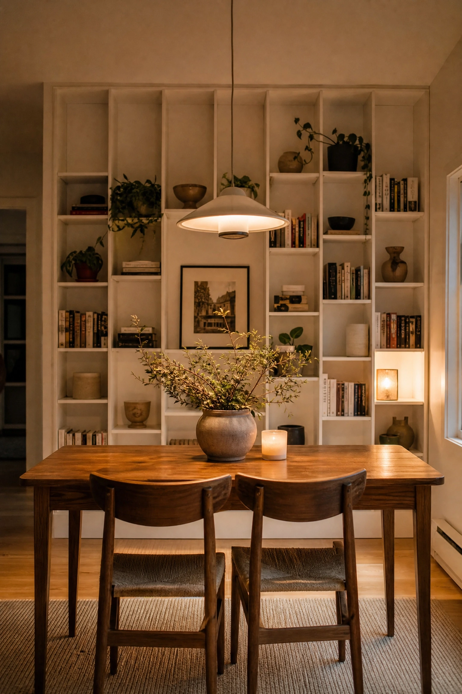 built-in shelving behind the dining table as a focal point in a dining room