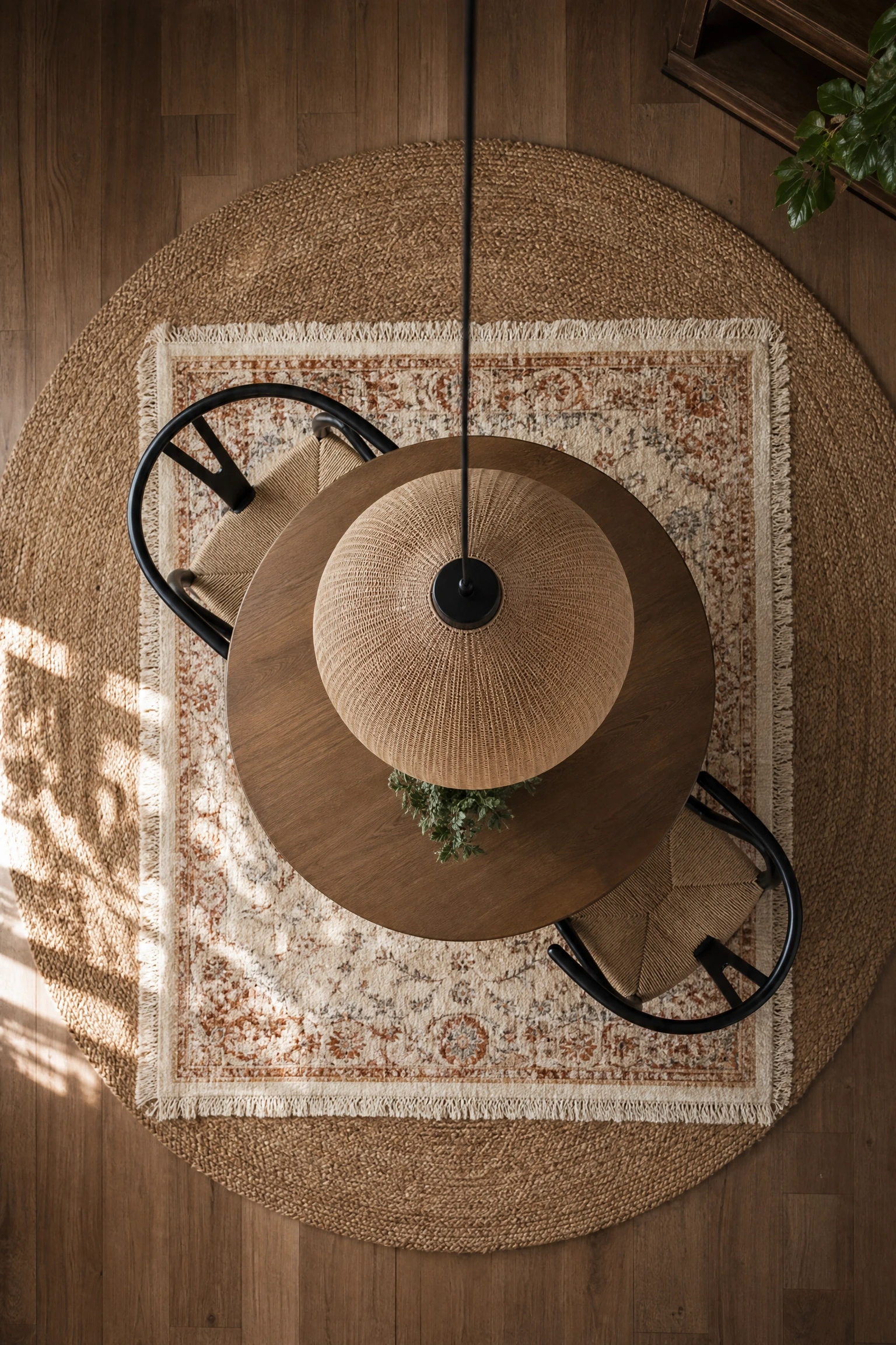 layered rugs to ground the dining zone in a dining room